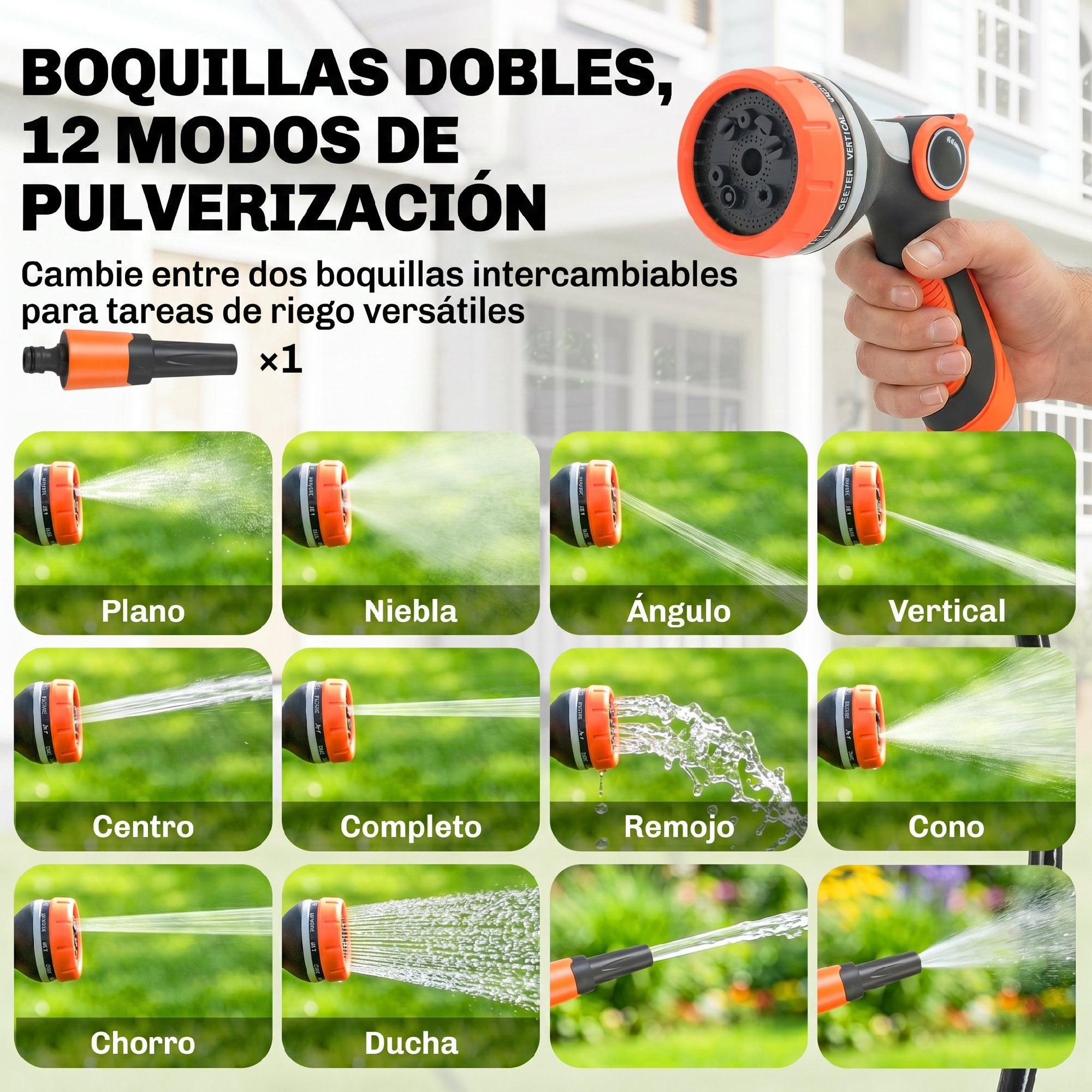 Boquilla de manguera de jardín con 12 modos de pulverización, mostrando diferentes patrones de chorro de agua.