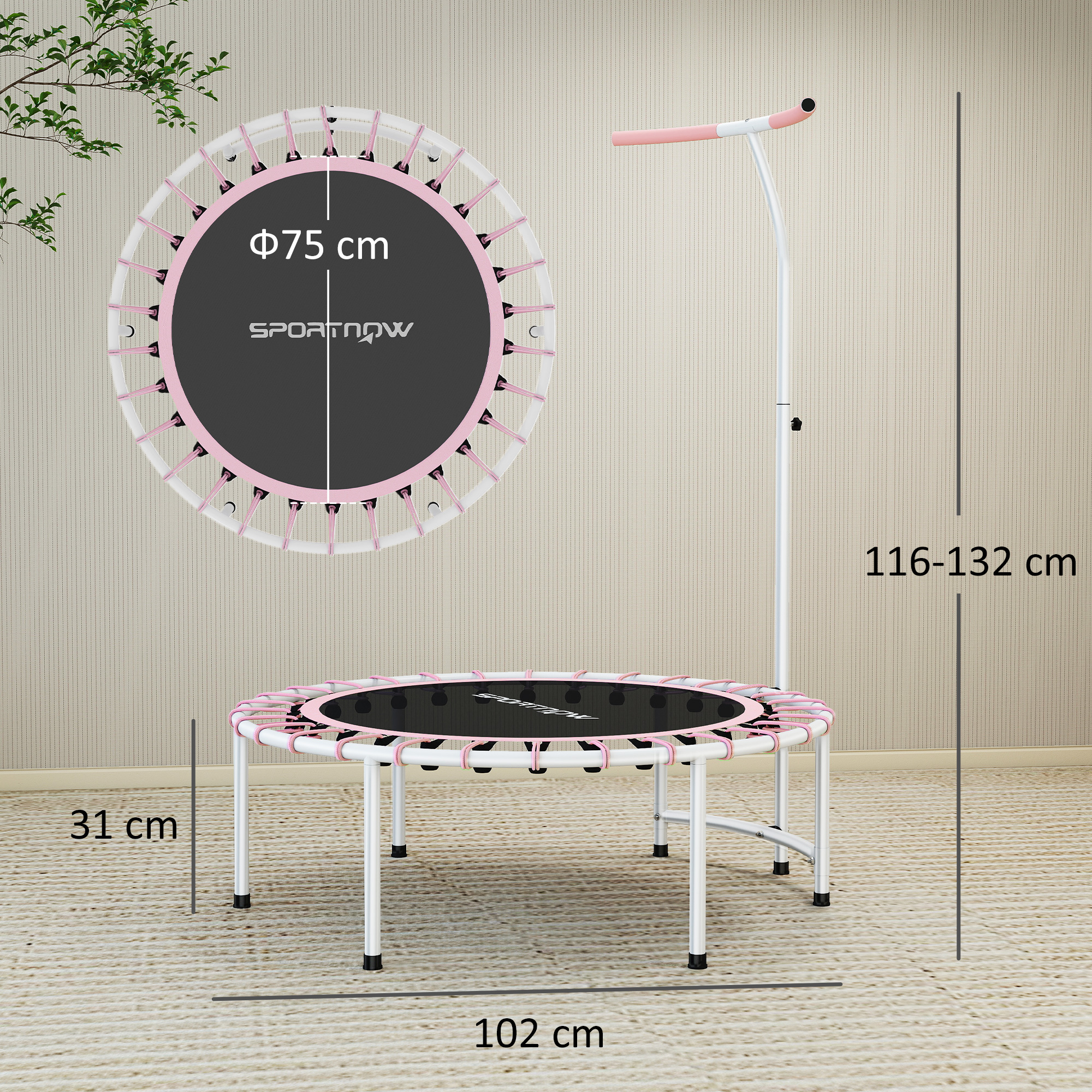 Un trampolín rosa con asa, 75 cm de diámetro y 31 cm de altura.