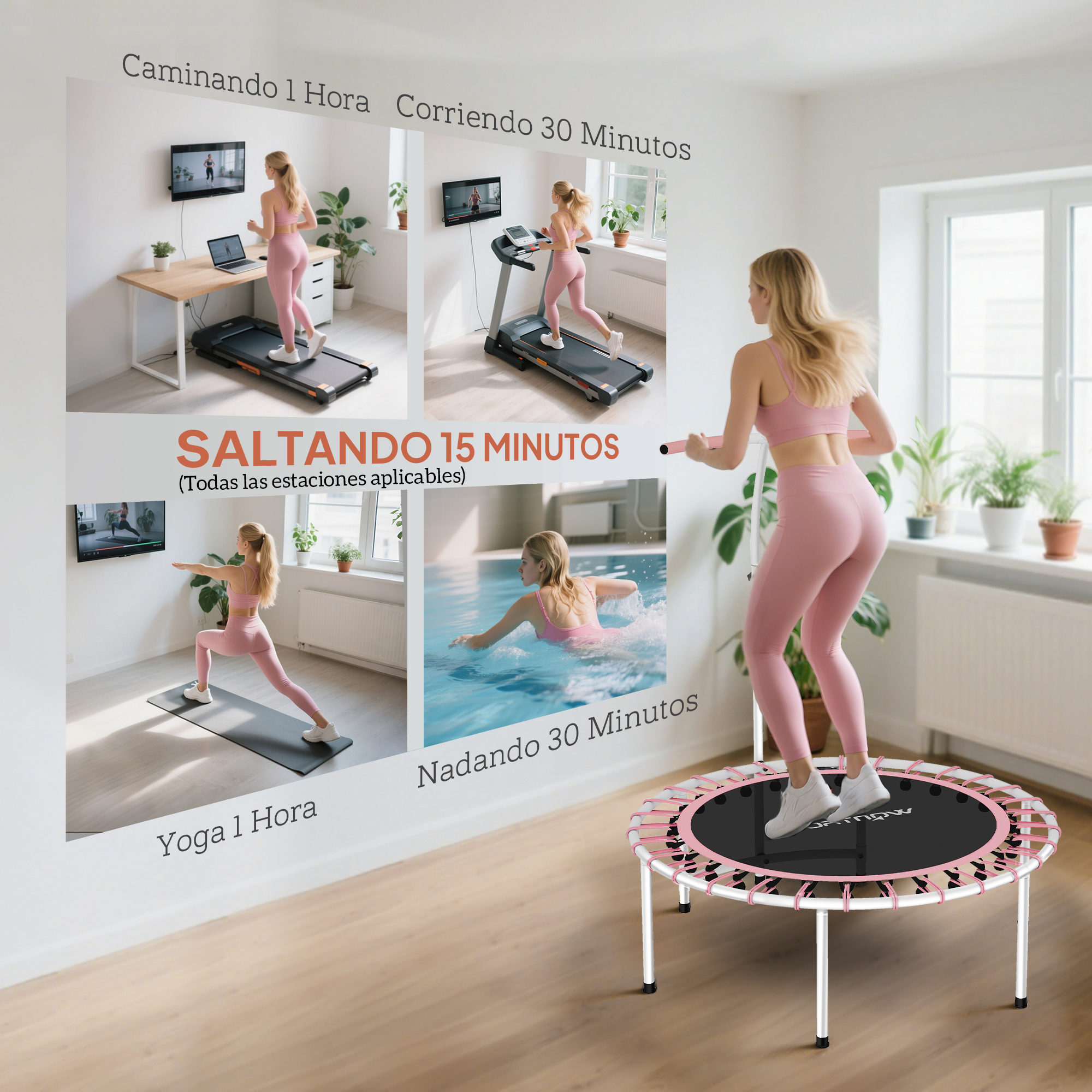 Una mujer salta en una cama elástica, con imágenes de ejercicios en la pared.