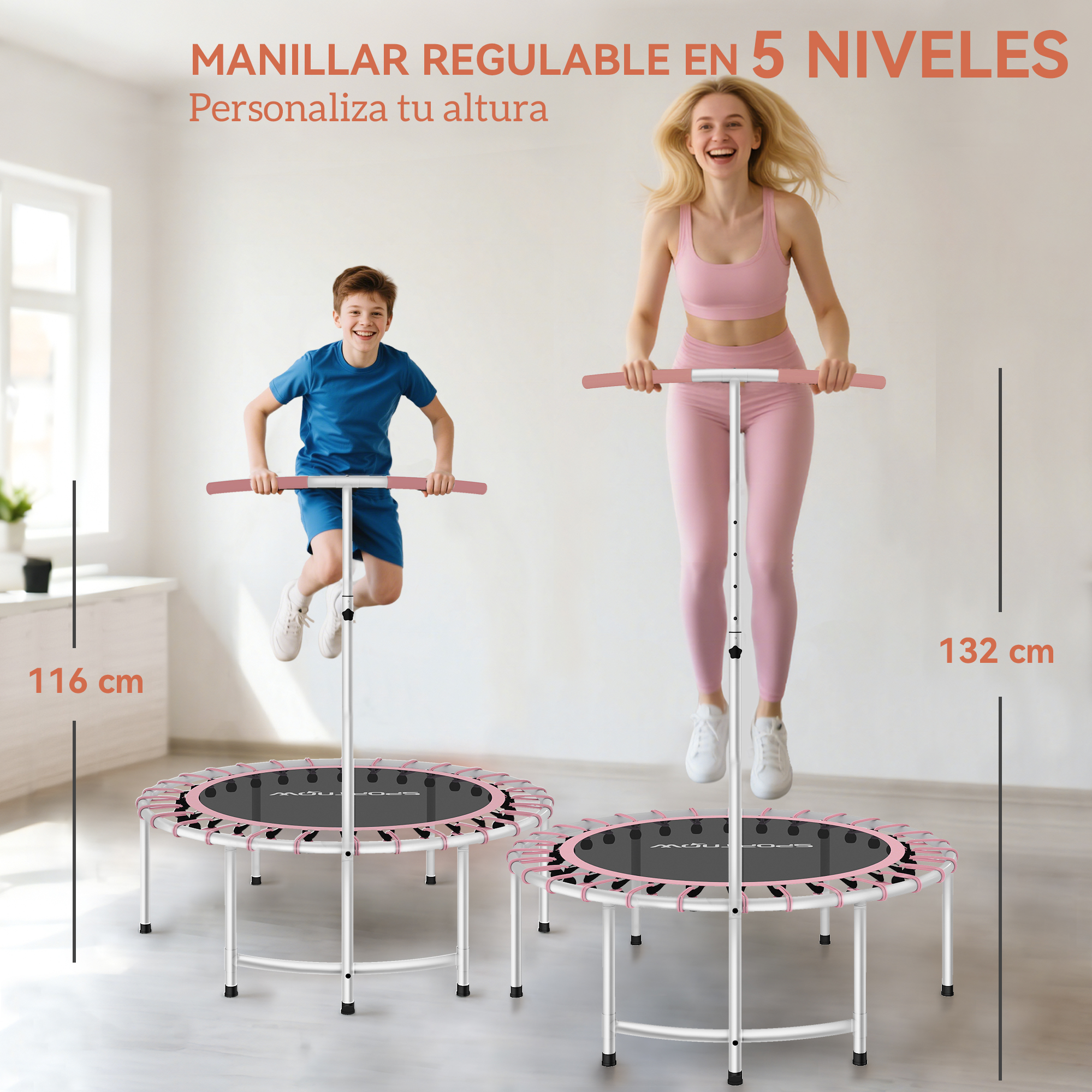 Un niño y una mujer saltando en dos trampolines rosas y negros con asas ajustables, mostrando variaciones de altura.