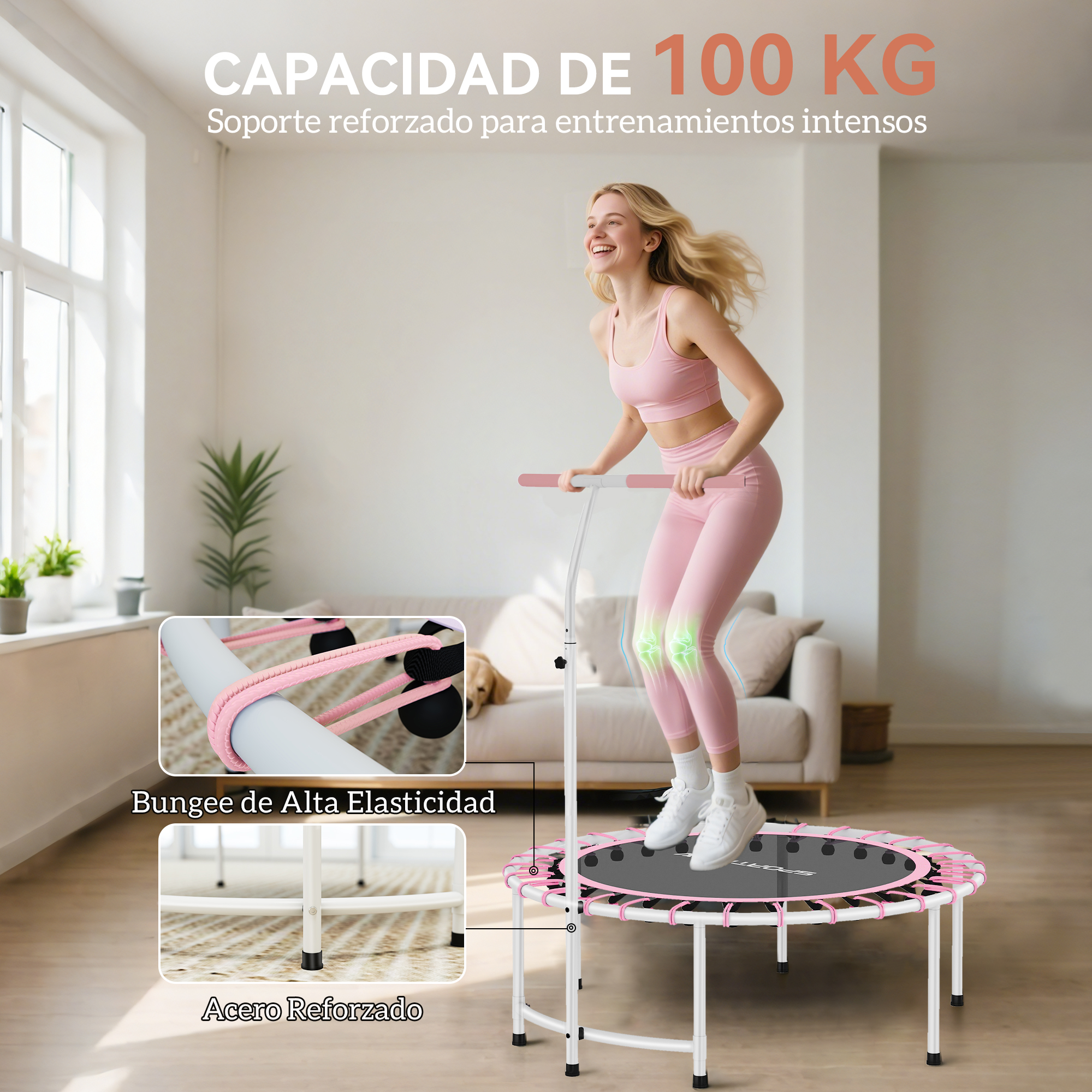 Mujer saltando en un trampolín rosa de 100 kg, acero reforzado.