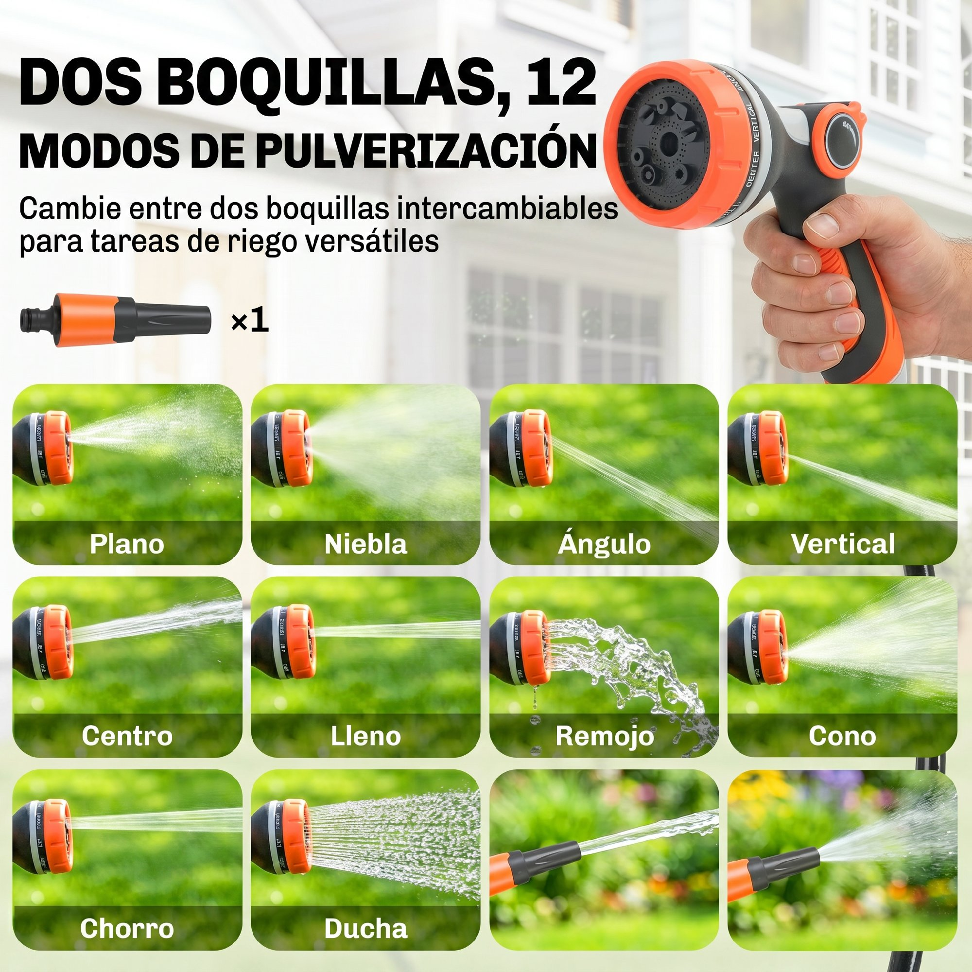 Boquilla de manguera con 12 modos de pulverización: plano, niebla, ángulo, vertical, centro, lleno, remojo, cono.