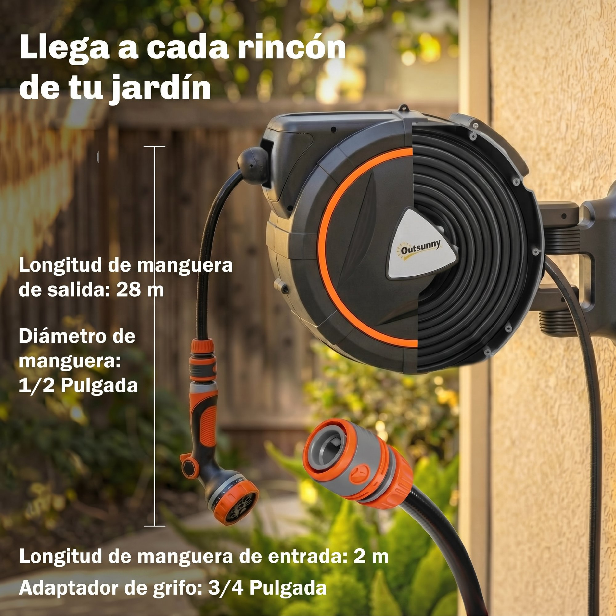 Carrete de manguera de jardín negro con detalles naranjas montado en pared.