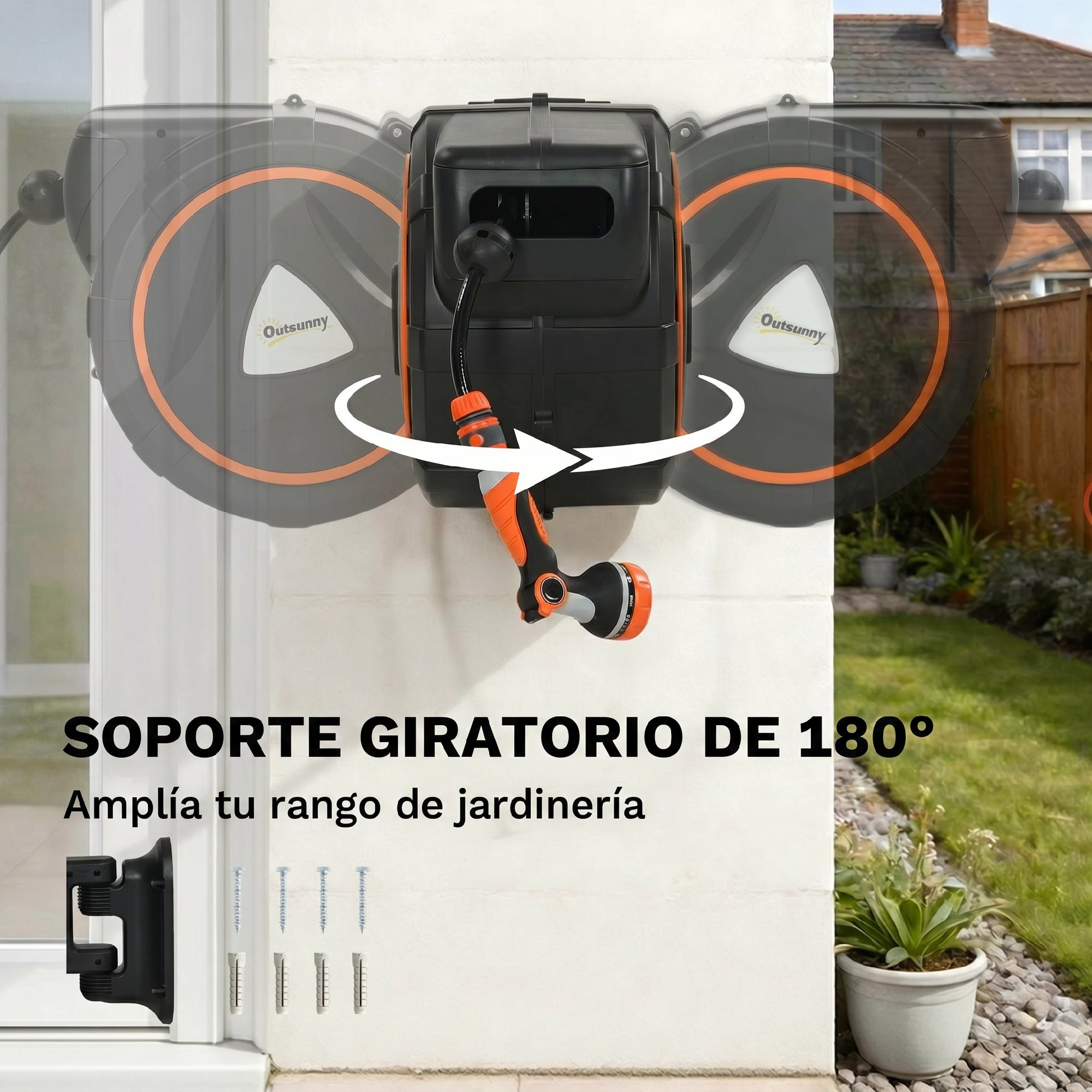 Carrete de manguera de jardín negro con detalles naranjas, montado en una pared.