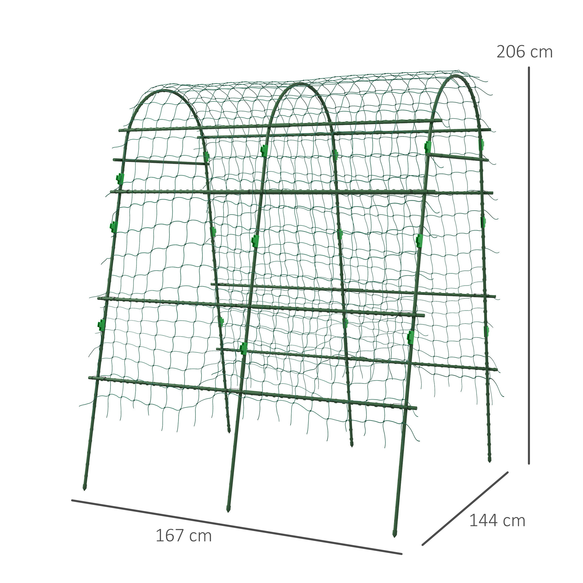 Arco de jardín verde con red para plantas, 206cm de alto.