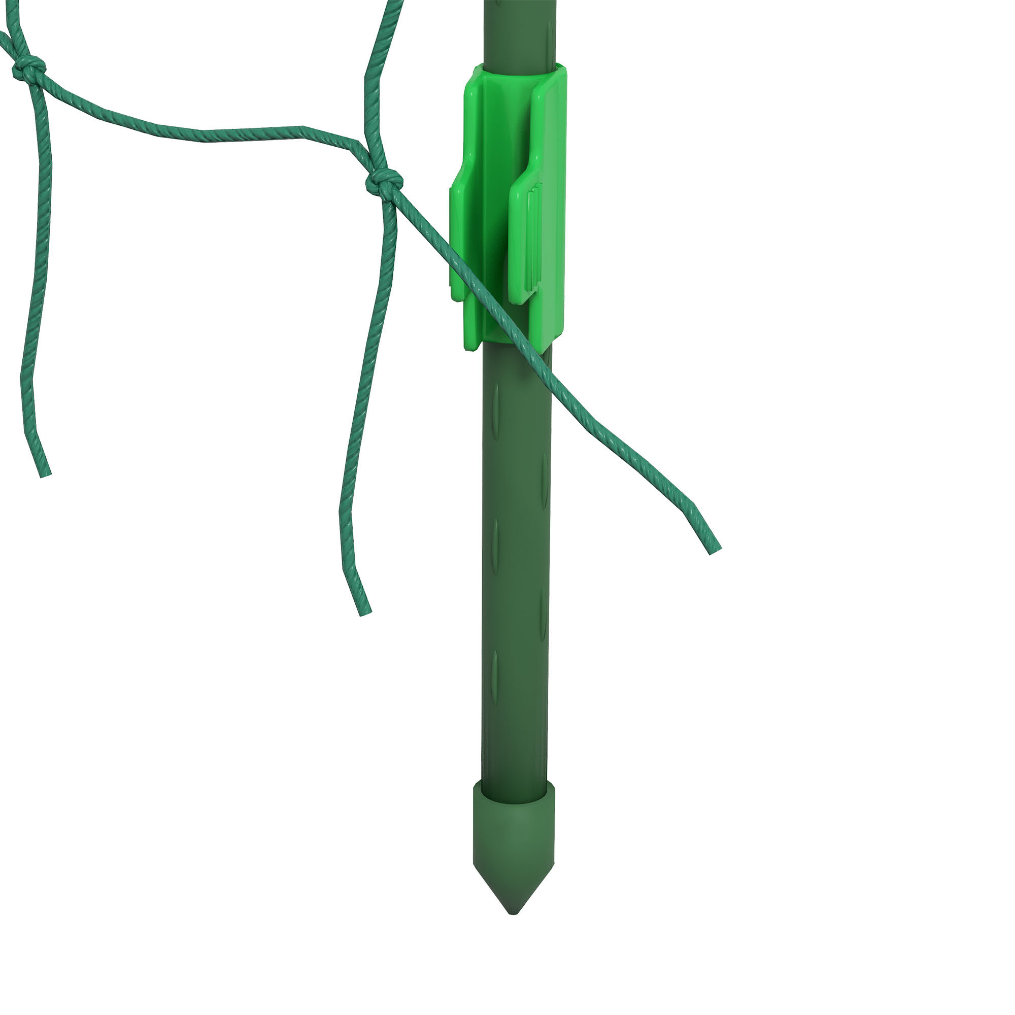 Estaca verde con cuerda y clip. Fondo blanco.