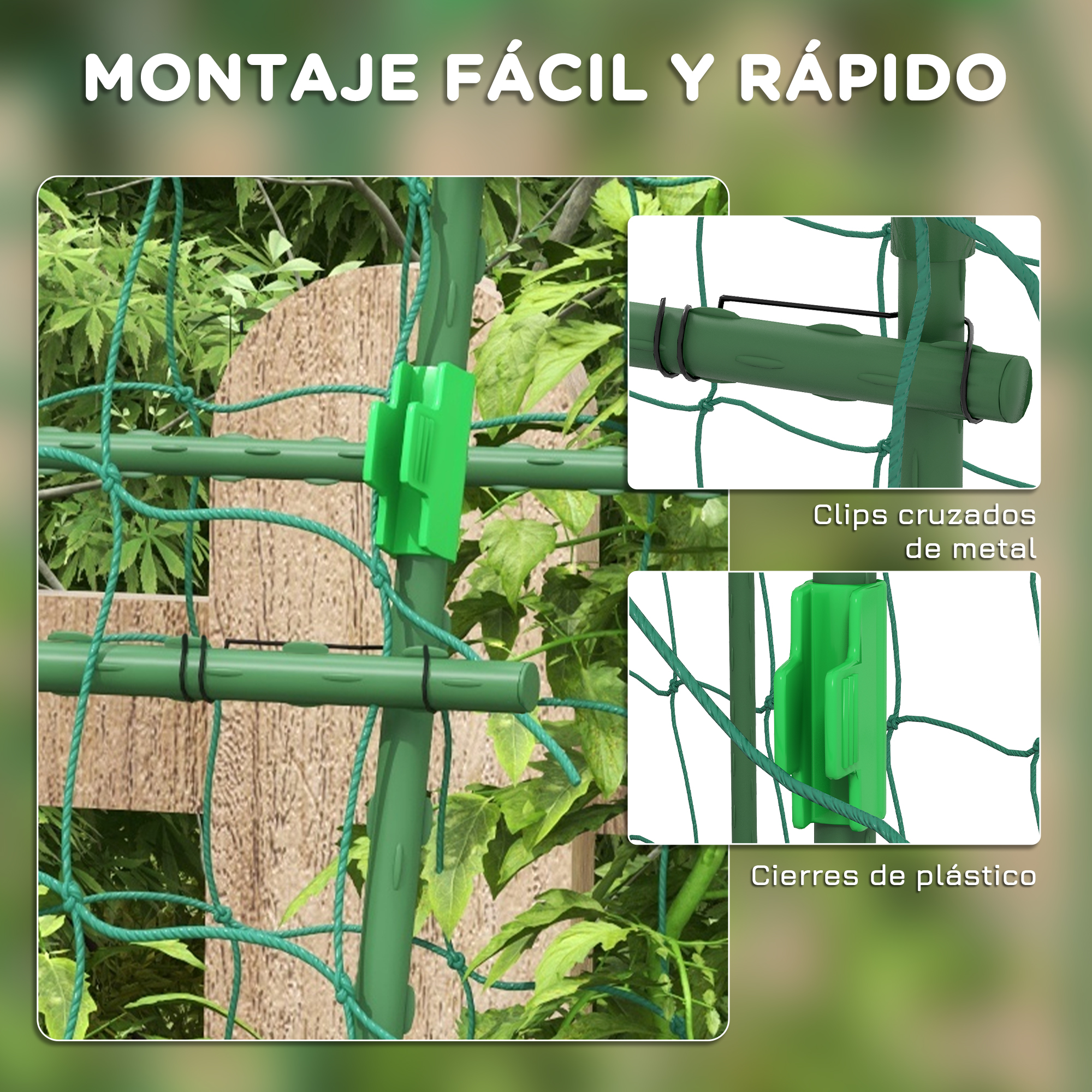 Postes de soporte para plantas verdes con red y clips. Primeros planos muestran clips metálicos y cierres de plástico.