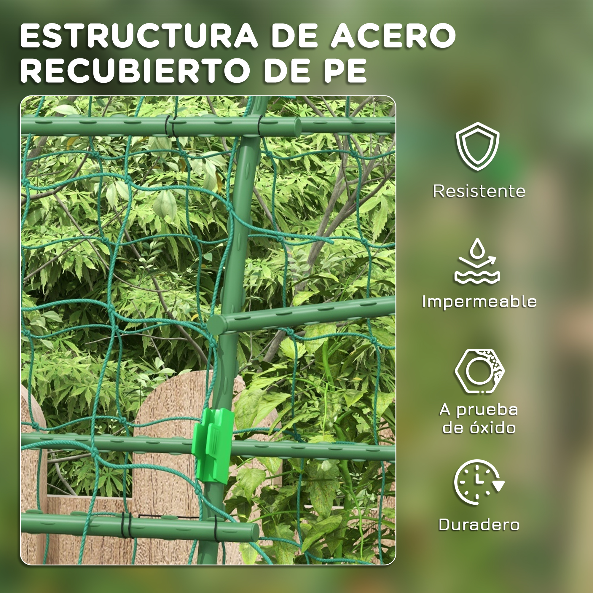 Estructura de acero verde con recubrimiento de PE para plantas. Resistente.