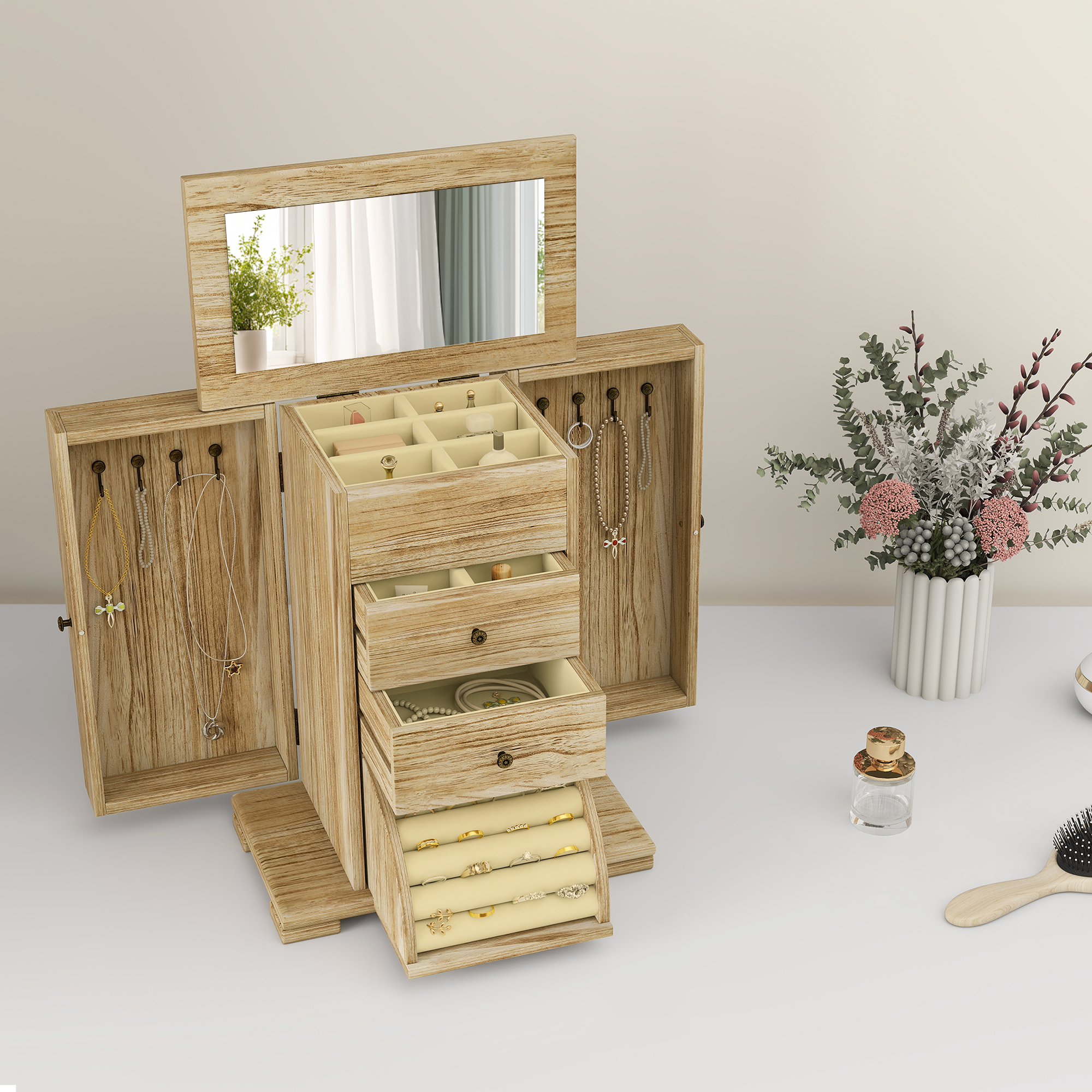 Una caja de joyería de madera abierta con espejo, cajones y collares colgados.