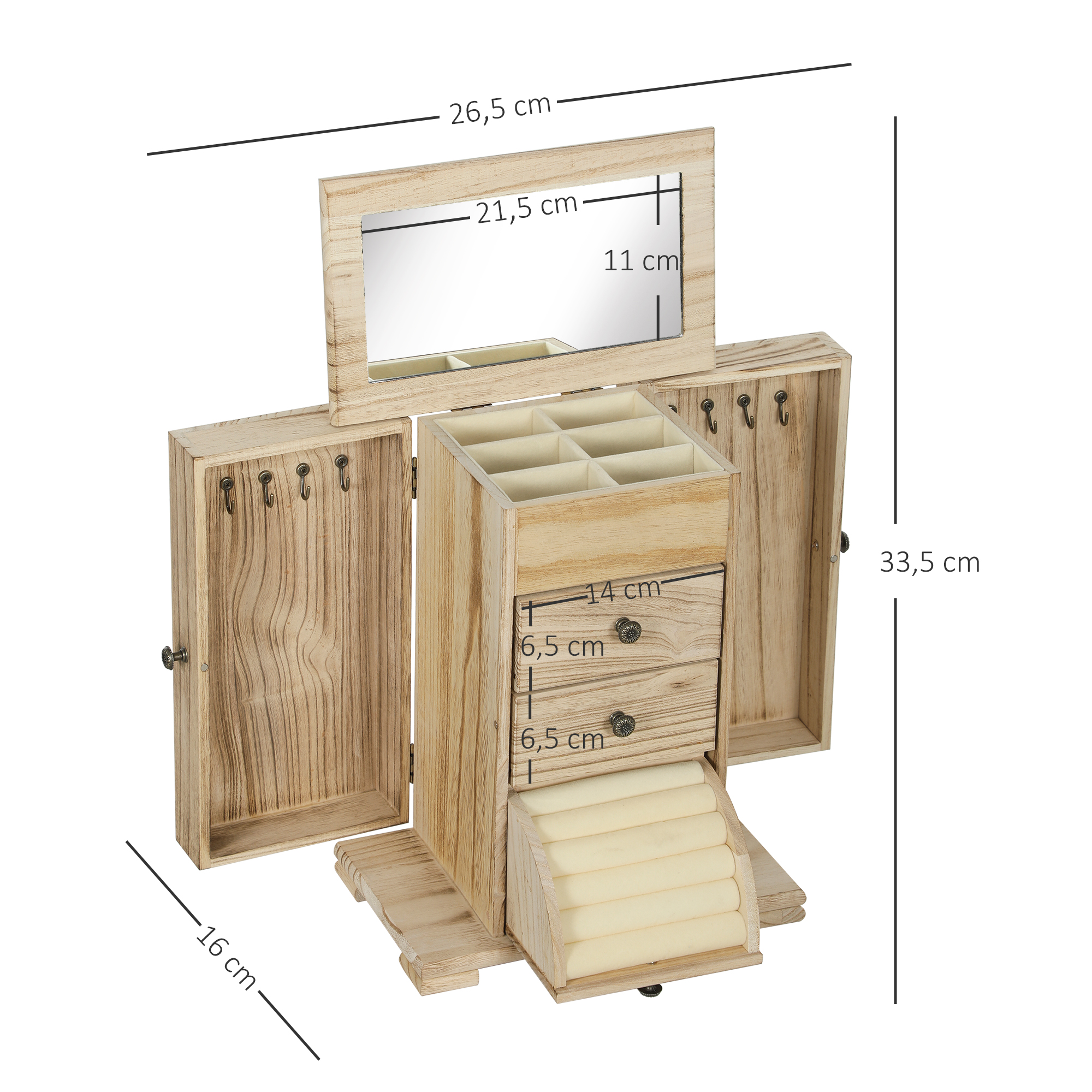 Joyero de madera con espejo, cajones y ganchos. Dimensiones mostradas.