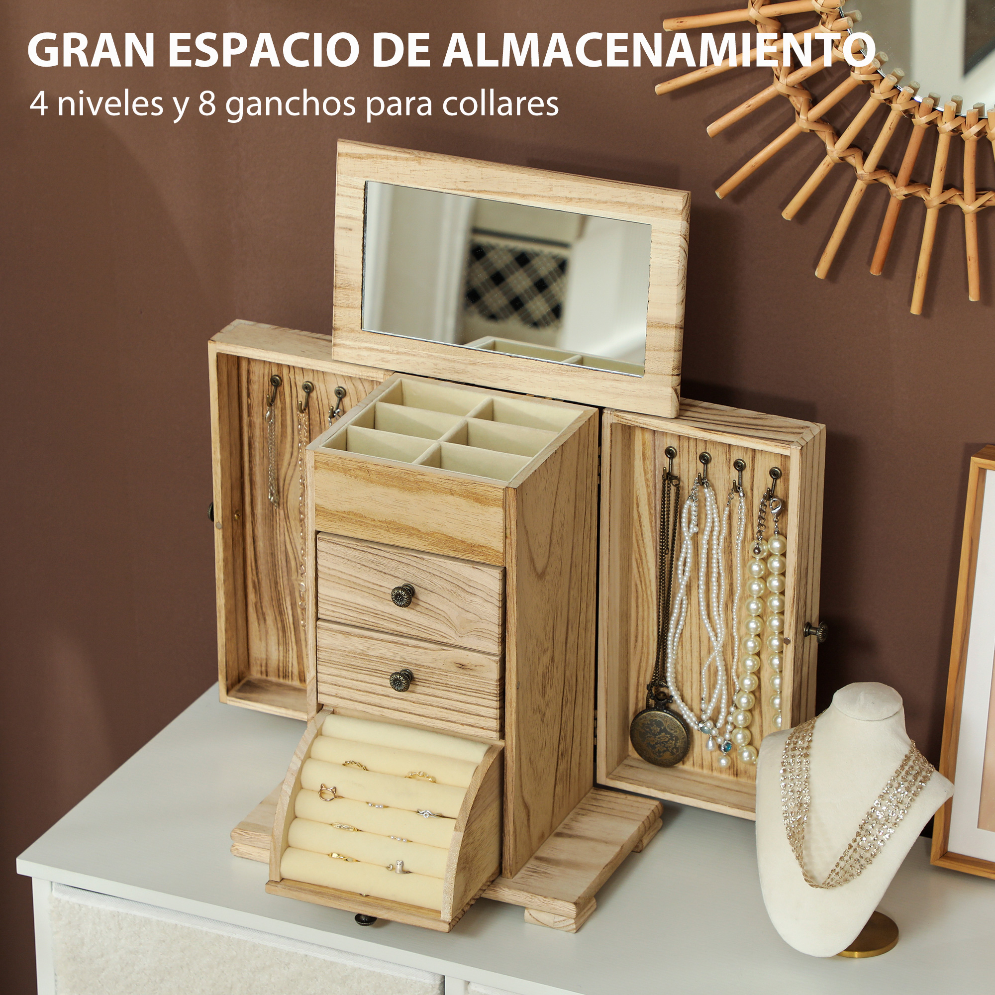 Una caja de joyería de madera con espejo, compartimentos y cajones.