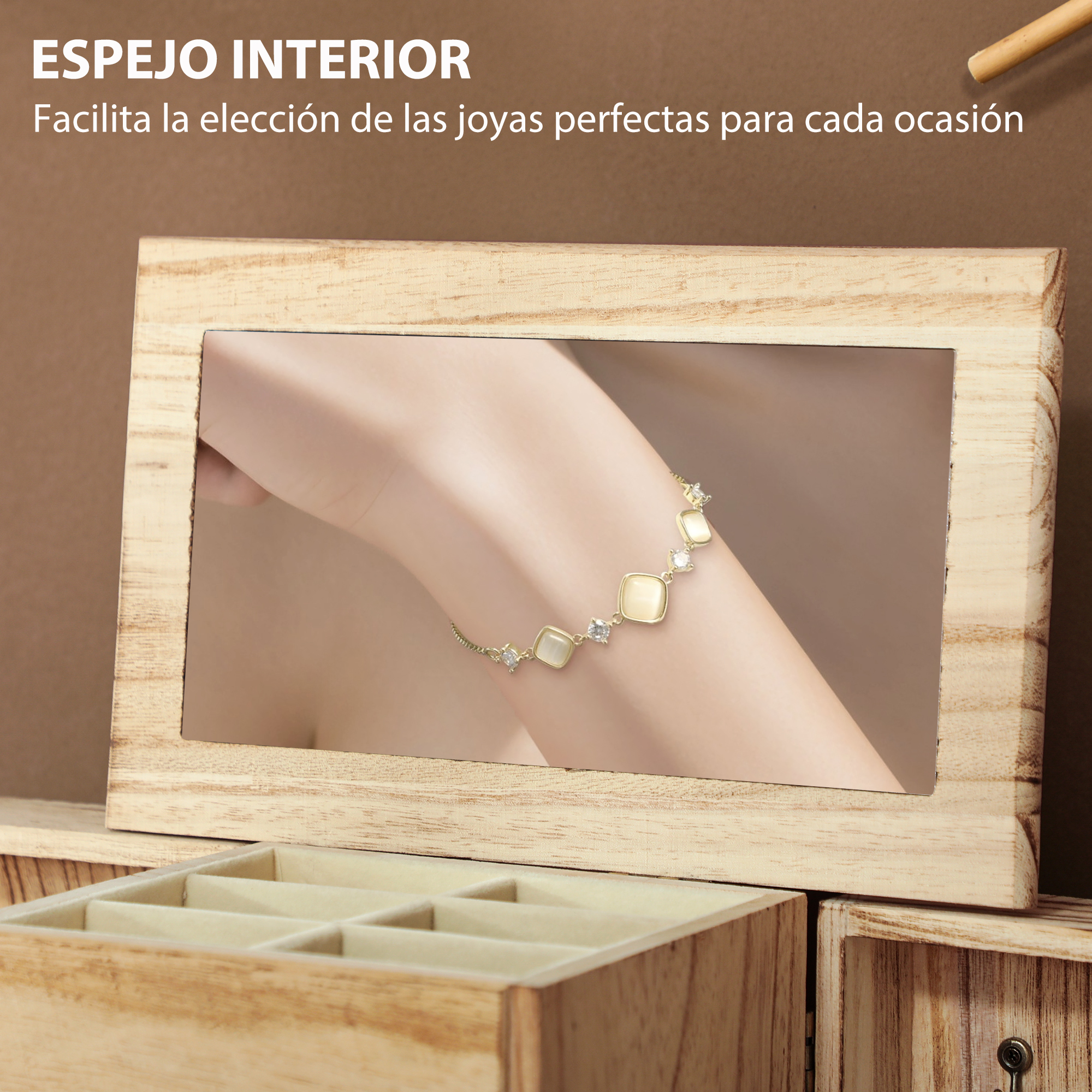 Un espejo de mesa de madera muestra una pulsera con piedras blancas y ópalo.