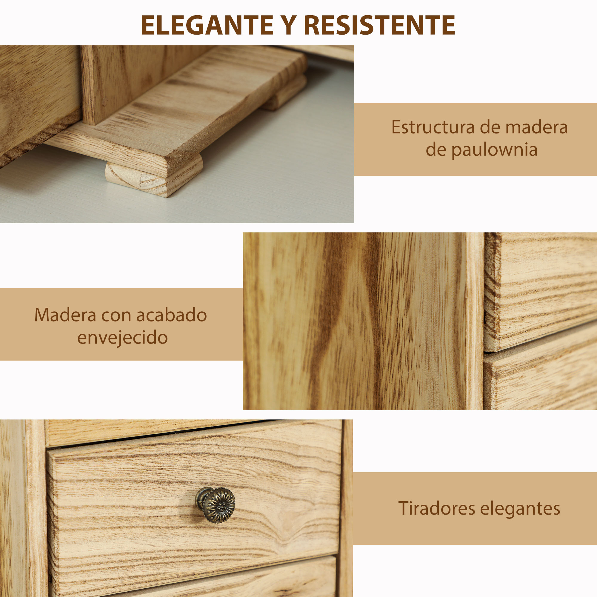 Estructura de madera con acabado envejecido y tiradores elegantes.
