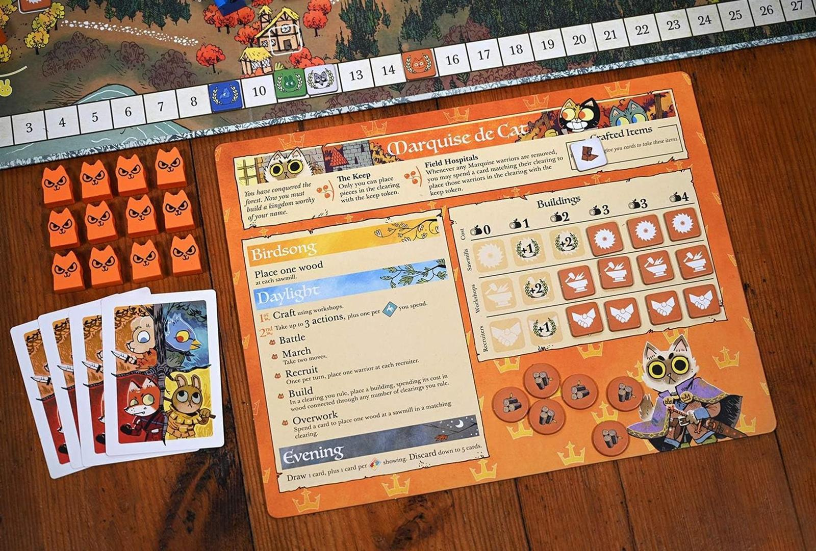 Brettspiel mit orangefarbener Karte, Holzfiguren, Karten und Holzmarkern.