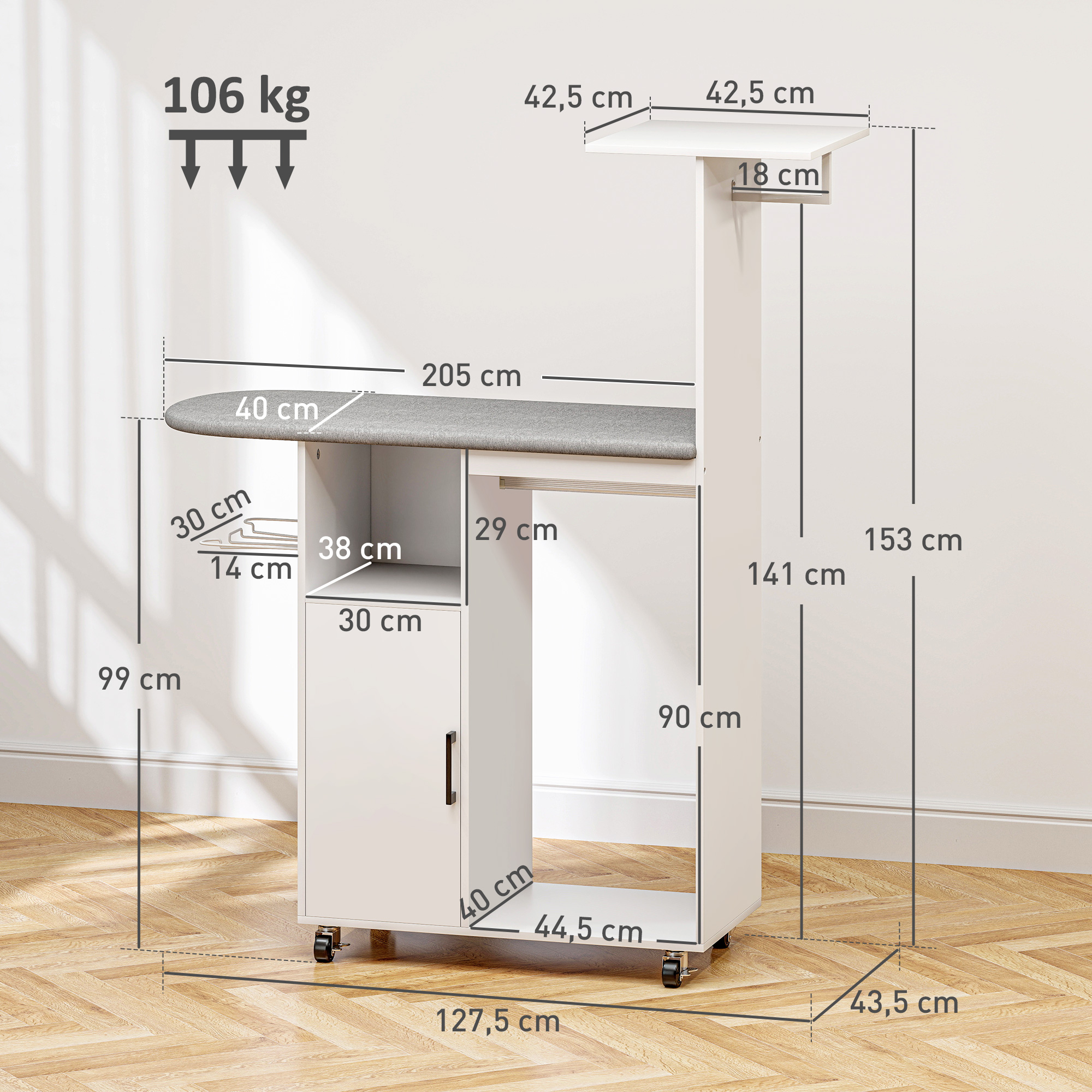 Una tabla de planchar blanca con dimensiones y almacenamiento con ruedas.