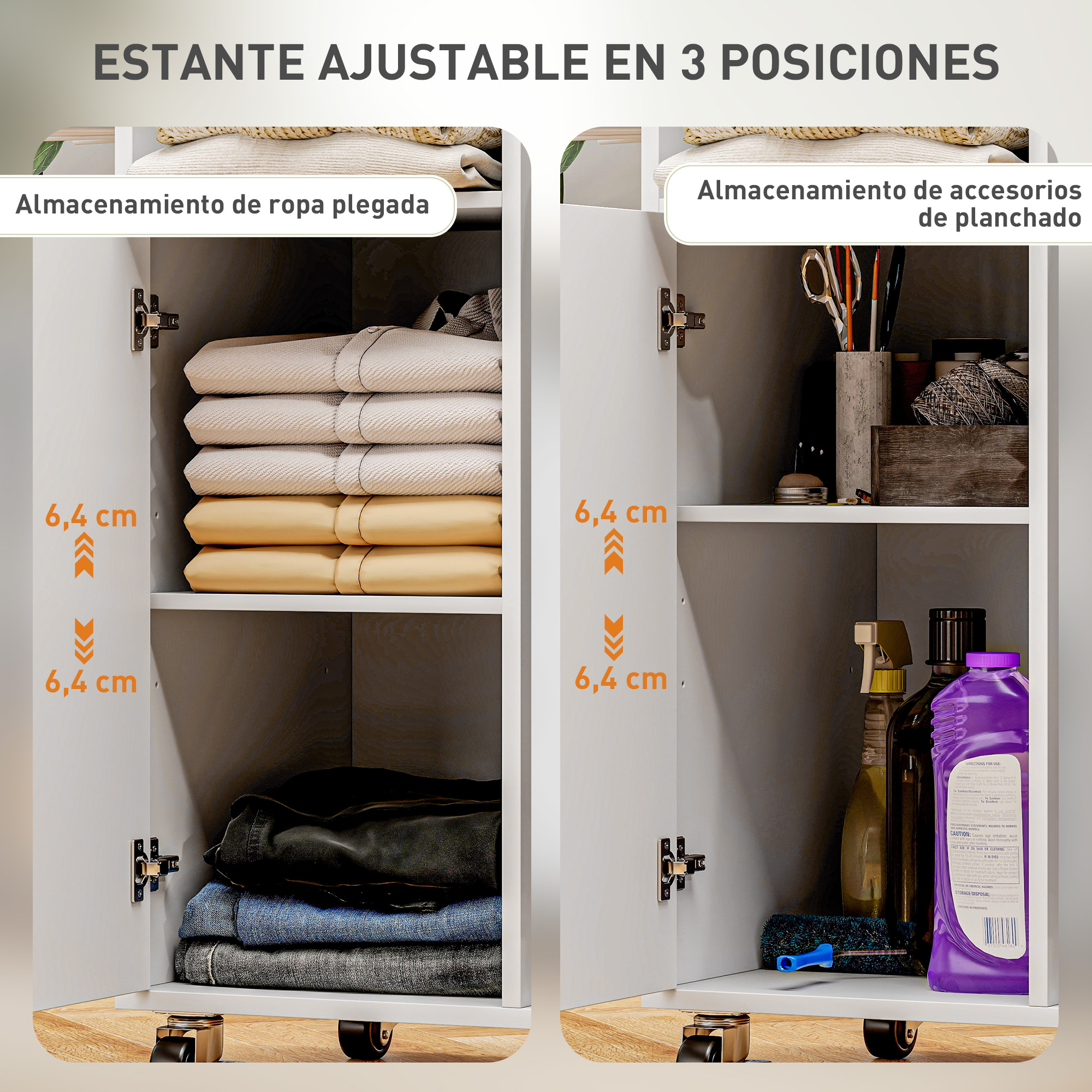 Estante ajustable en 3 posiciones: ropa y accesorios.