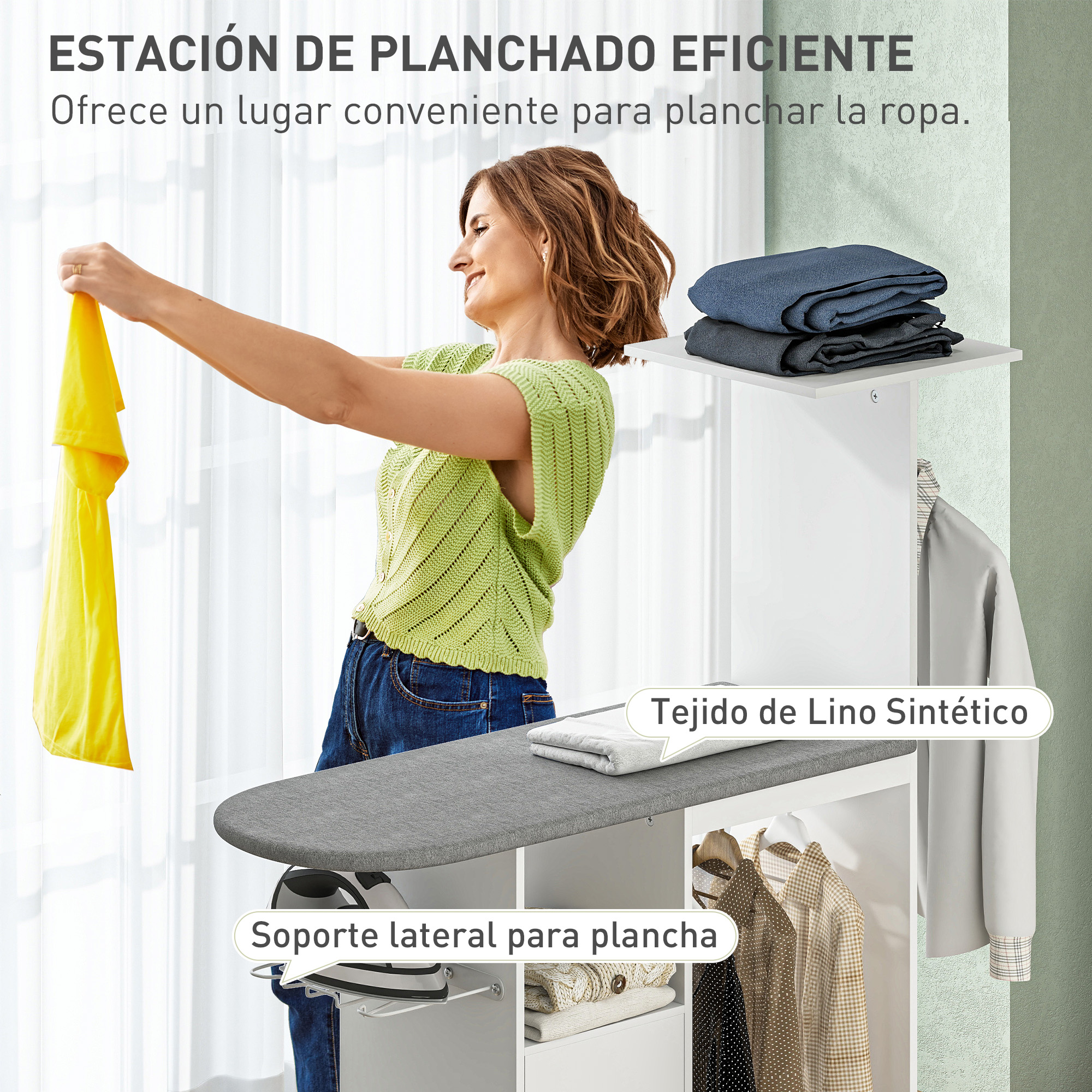 Mujer con camisa amarilla junto a estación de planchar con ropa.