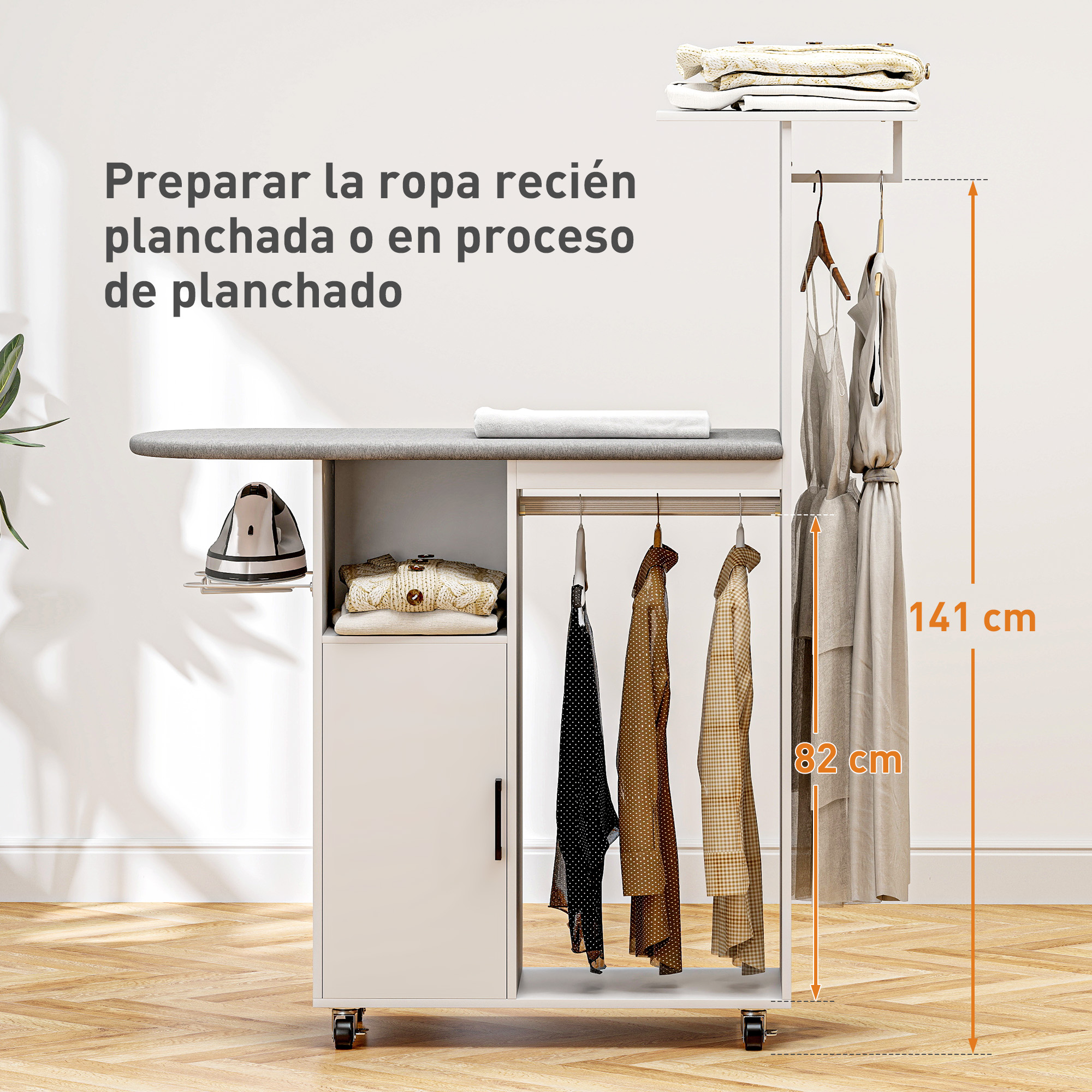 Estación de planchar con almacenamiento colgante para ropa, medidas 141 y 82 cm.