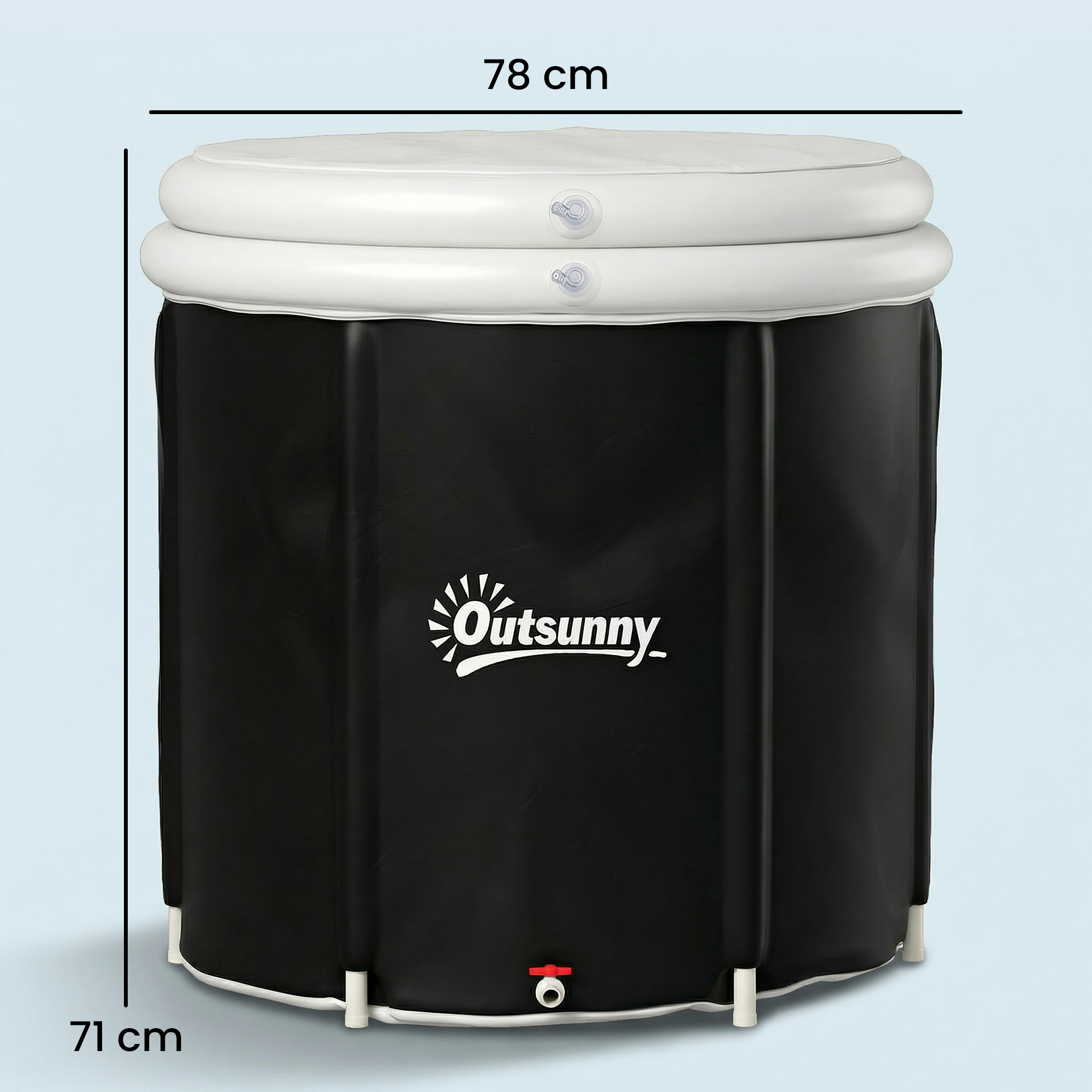 Una piscina inflable negra con borde blanco, 78cm de ancho y 71cm de alto.