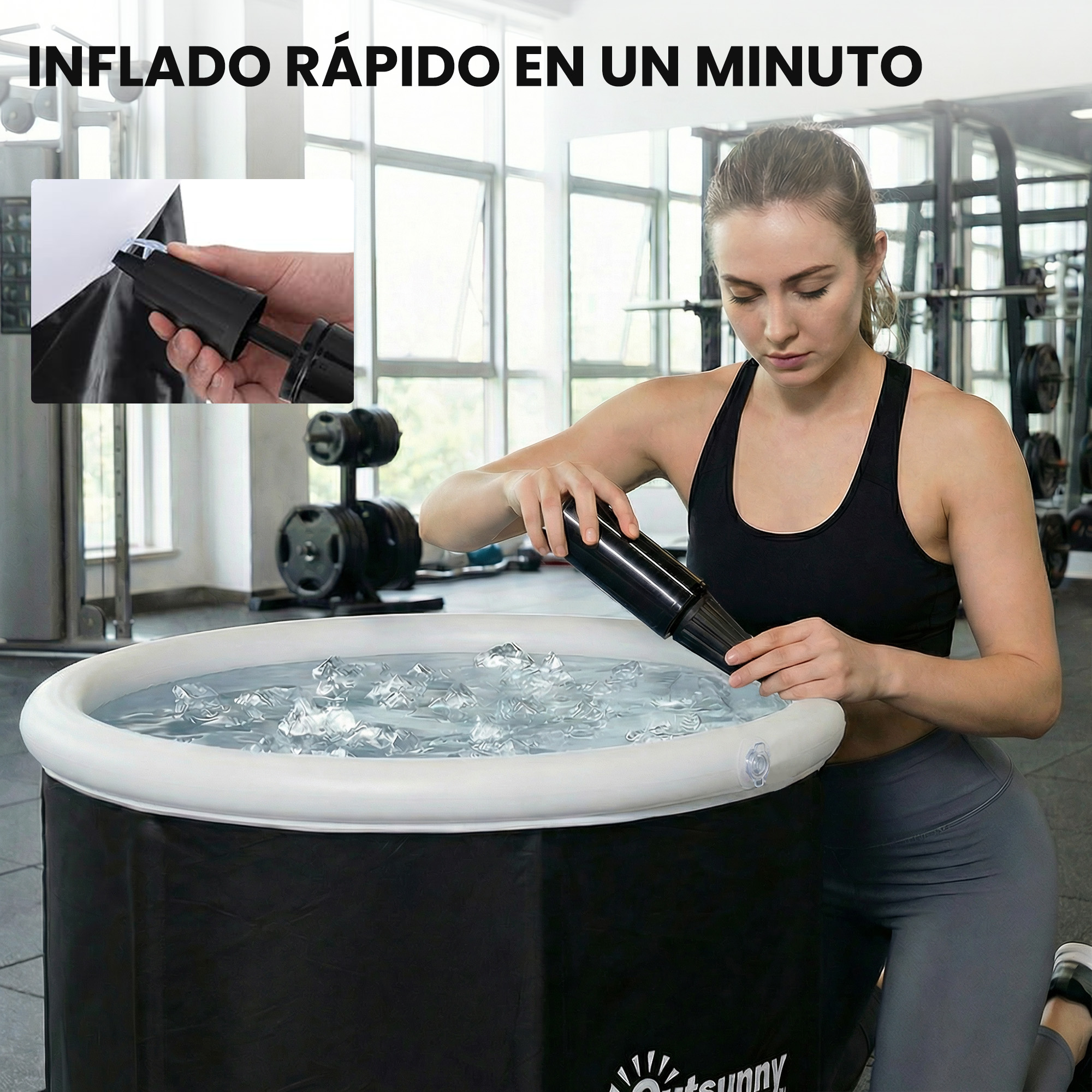 Mujer inflando tina inflable con agua helada en un gimnasio.
