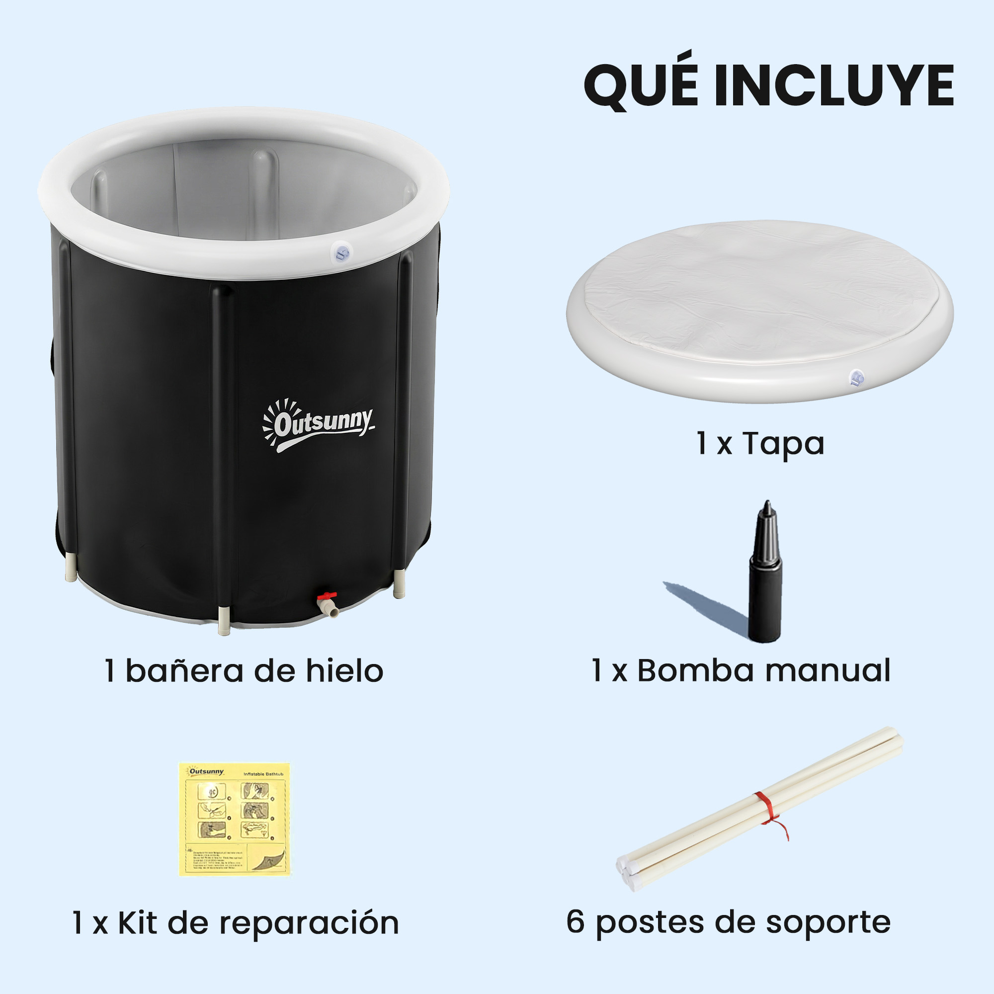 Una bañera de hielo inflable con tapa, bomba, kit de reparación y postes.