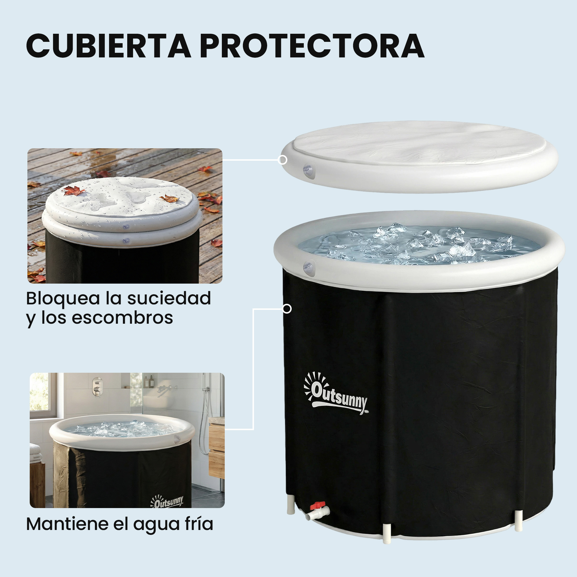 Una bañera de hidromasaje negra inflable llena de hielo y agua. La cubierta está al lado.