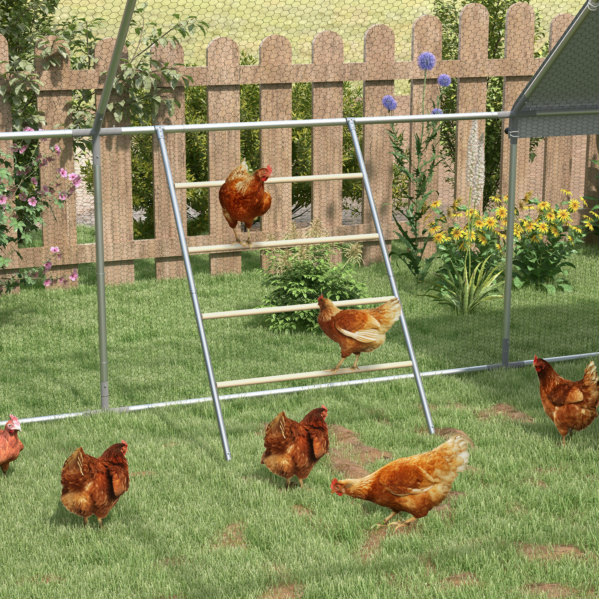 Gallinas en una escalera en un gallinero con valla de madera y flores.