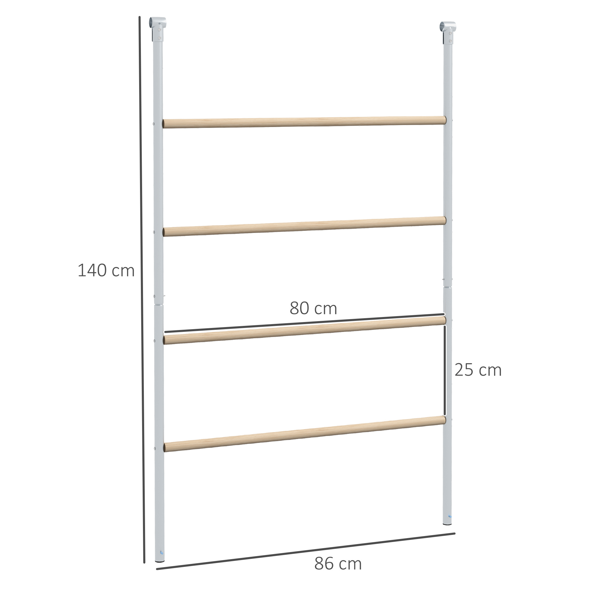 Un marco blanco con cuatro barras de madera, mide 140x86x25cm.