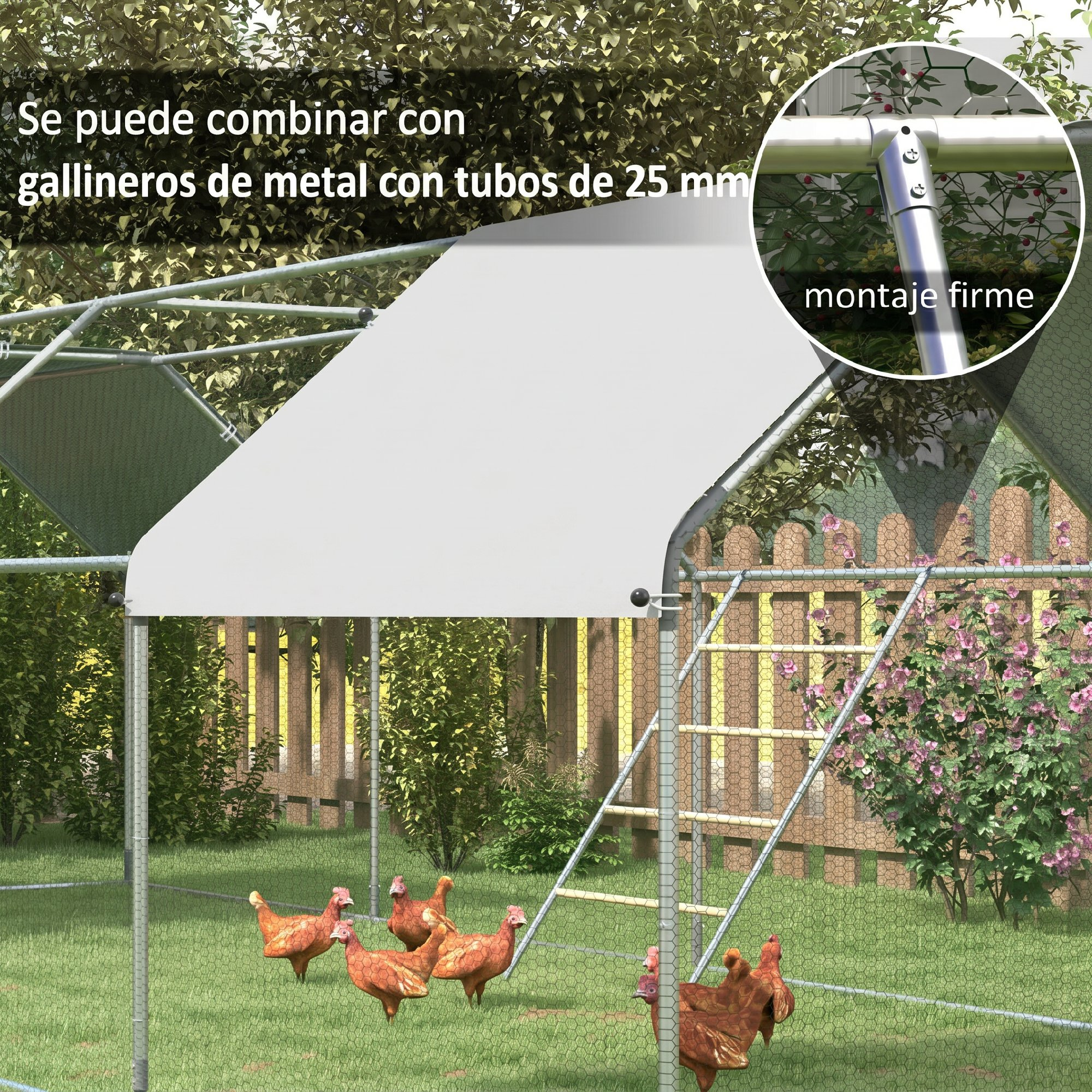 Un gallinero con vallas, gallinas y un parasol.