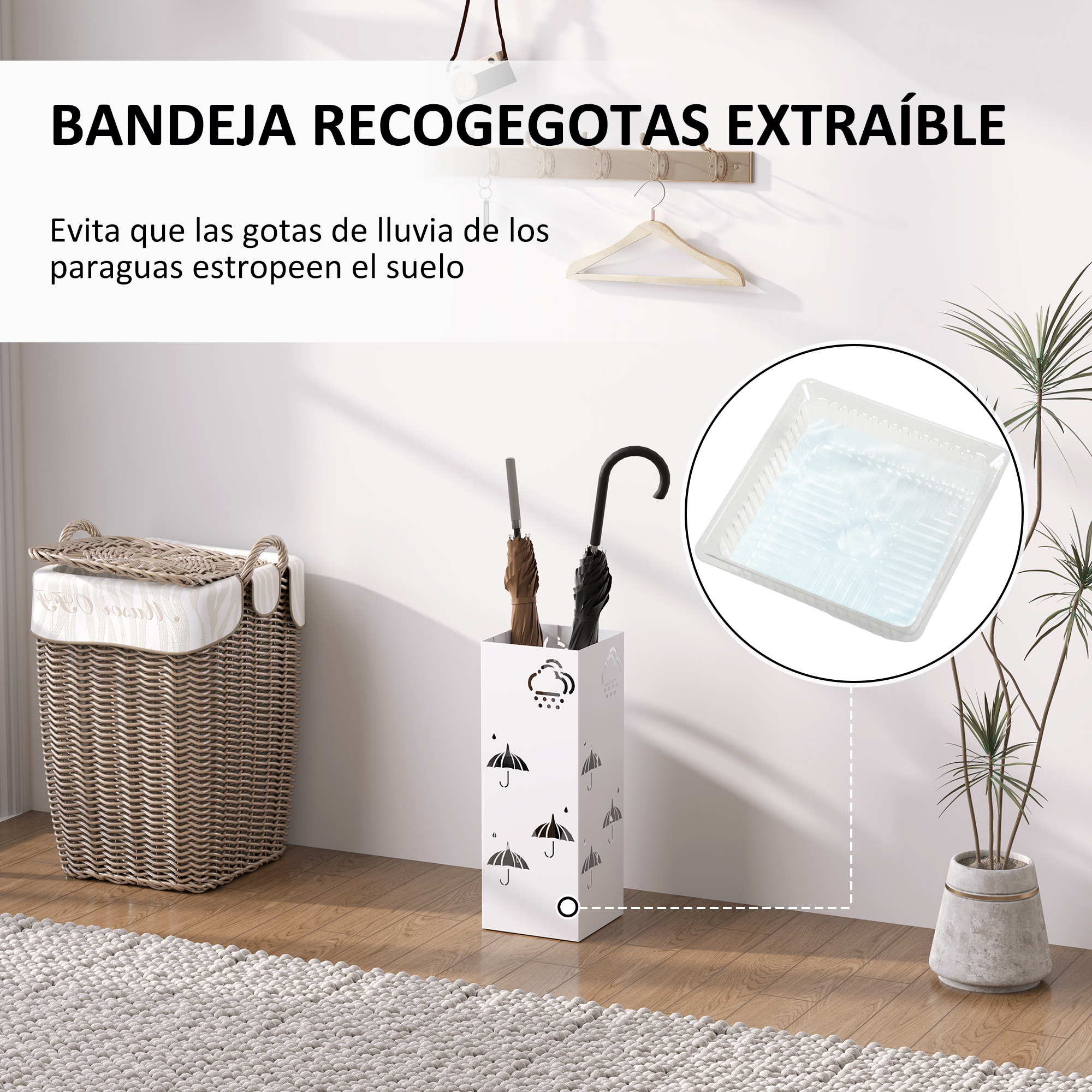 Un paraguas blanco con motivos de paraguas y dos paraguas dentro.