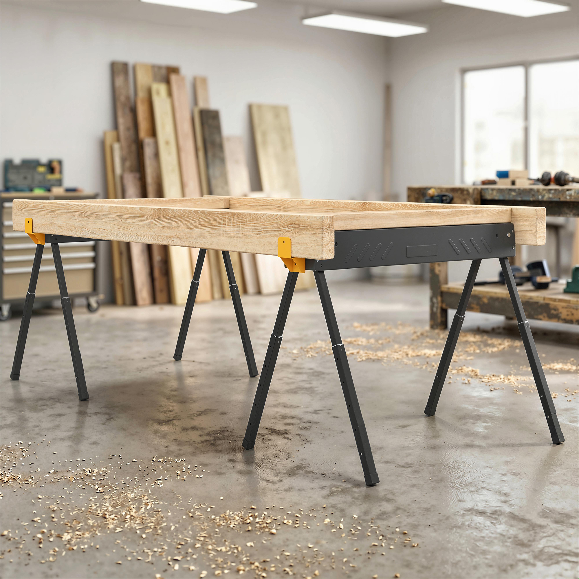 Estructura de mesa de madera con patas negras en suelo de hormigón.
