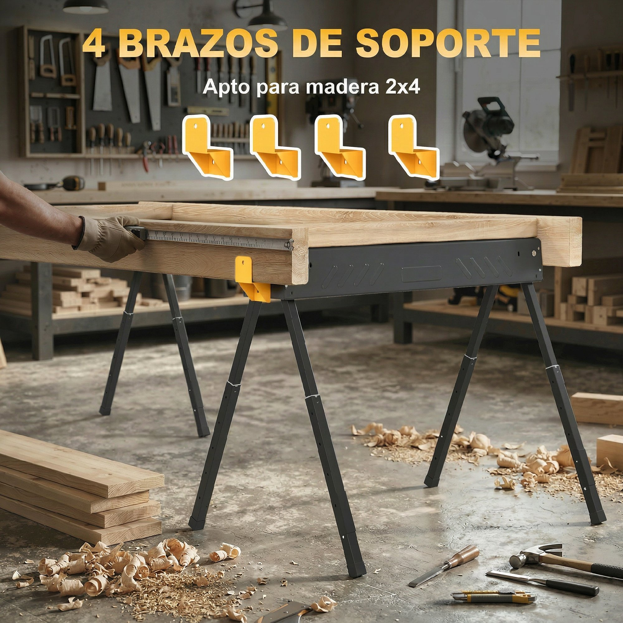 Banco de trabajo con cuatro soportes amarillos y virutas de madera en el suelo.