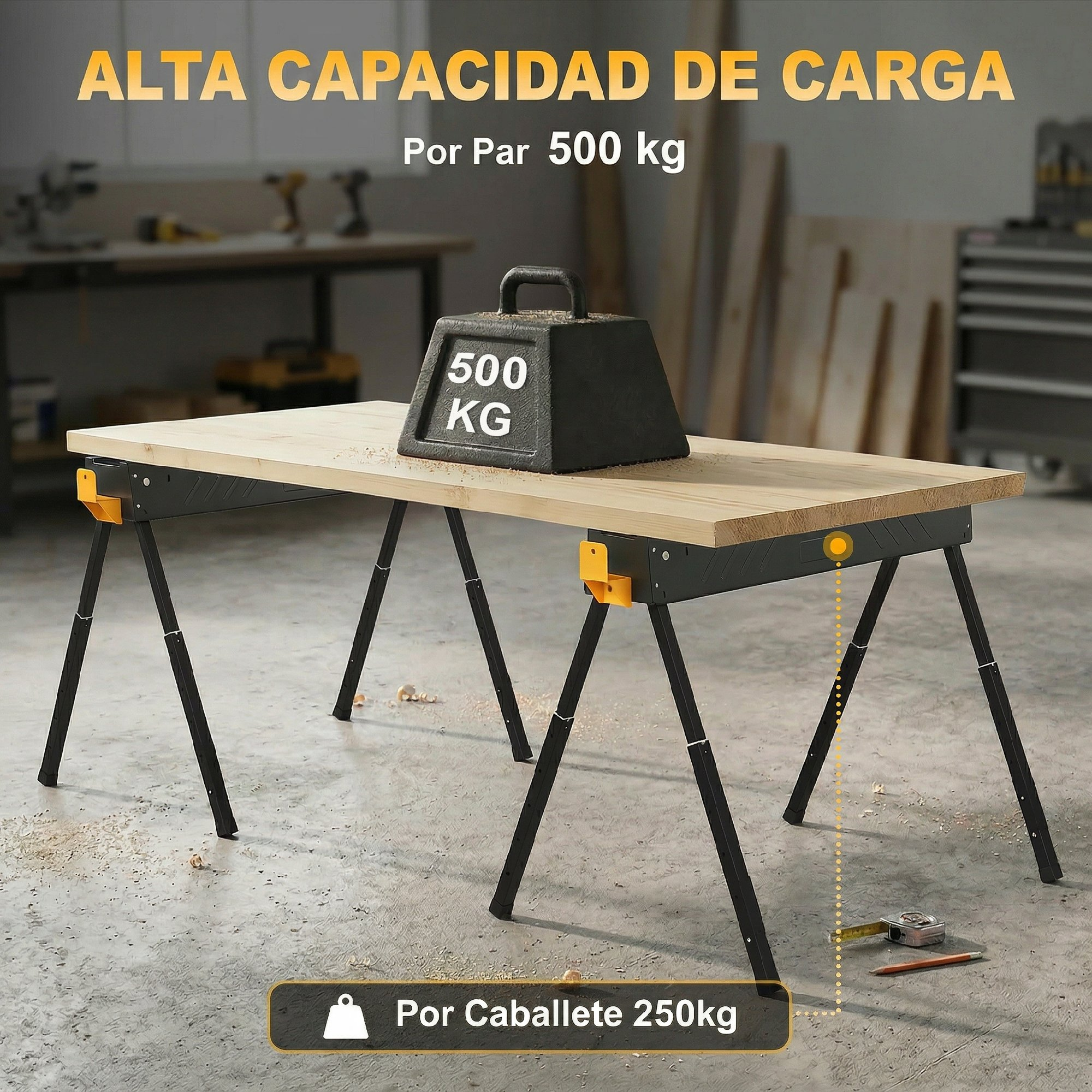 Un peso negro de 500 kg sobre una mesa de madera con patas negras.