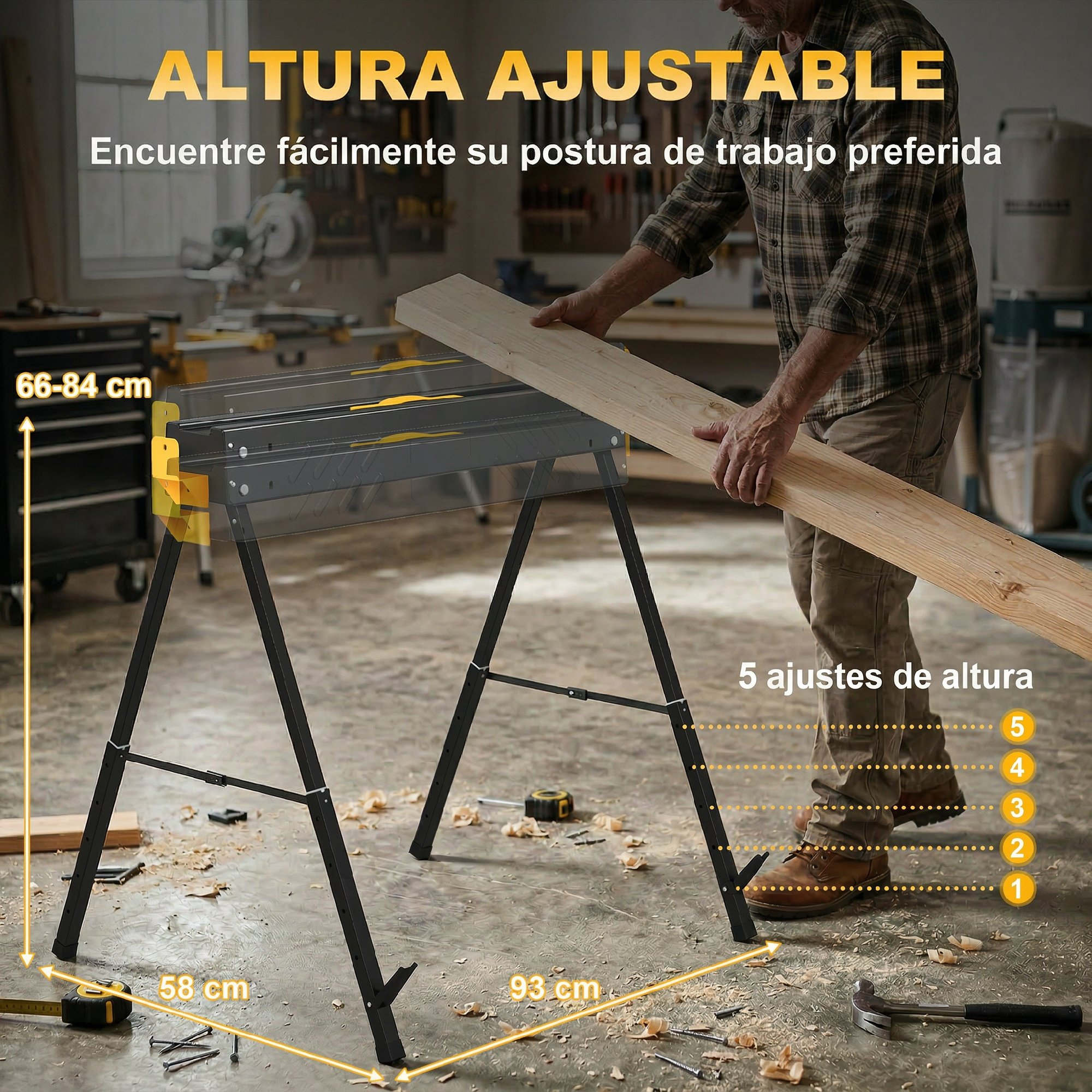 Un hombre coloca una tabla de madera en un caballete ajustable en un taller.