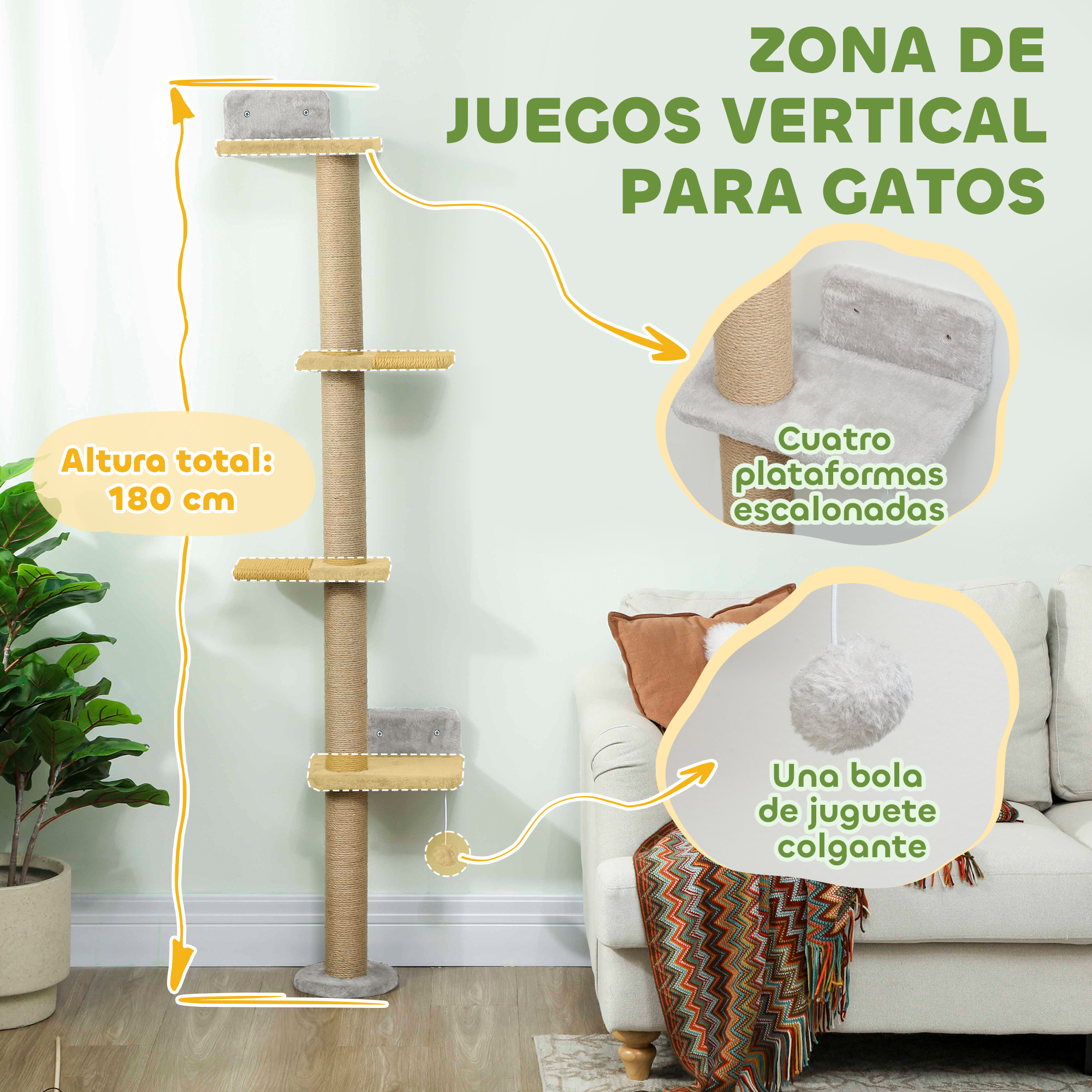 Un árbol para gatos de 180 cm con cuatro plataformas y bola colgante.