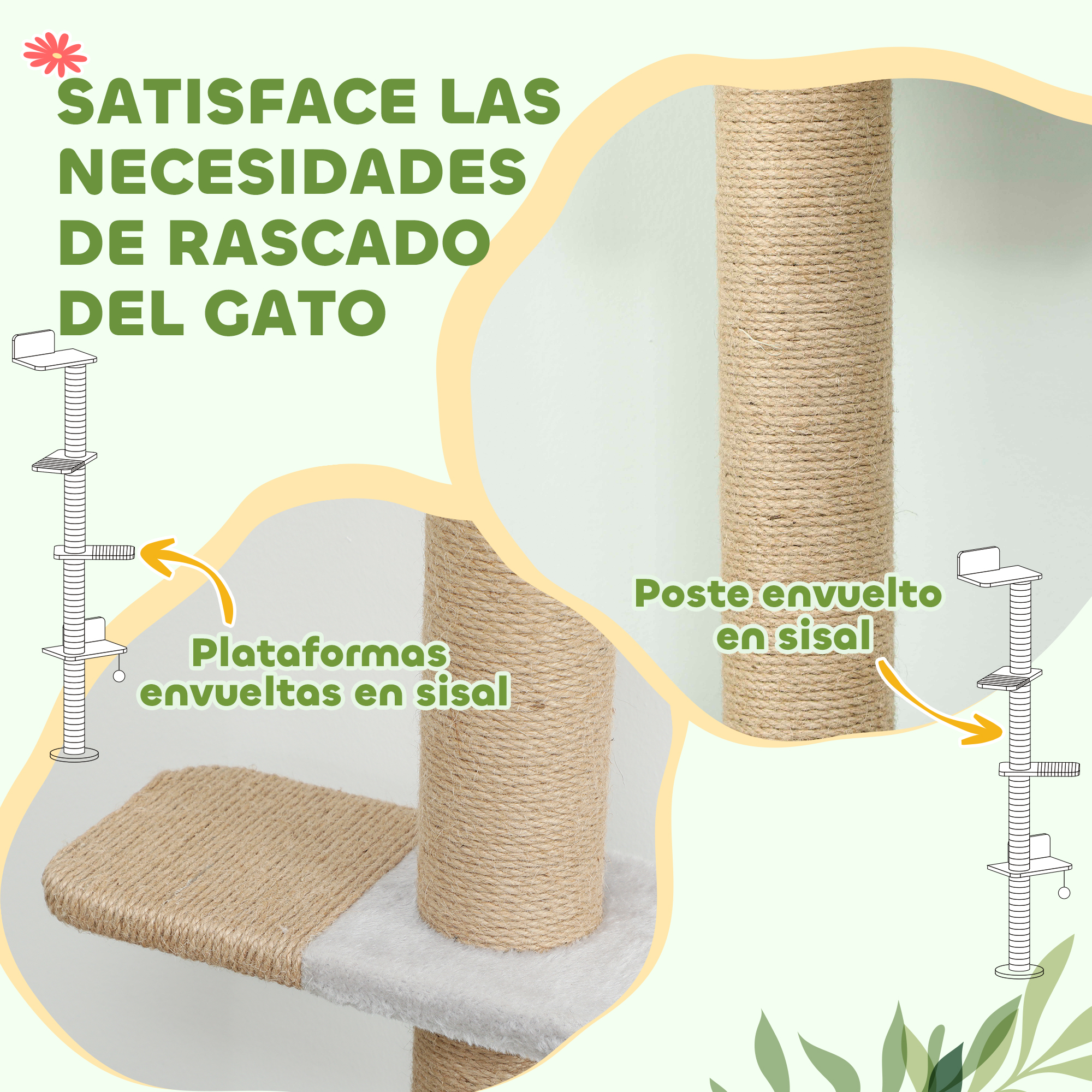 Rascador para gatos con plataformas y poste envueltos en sisal.
