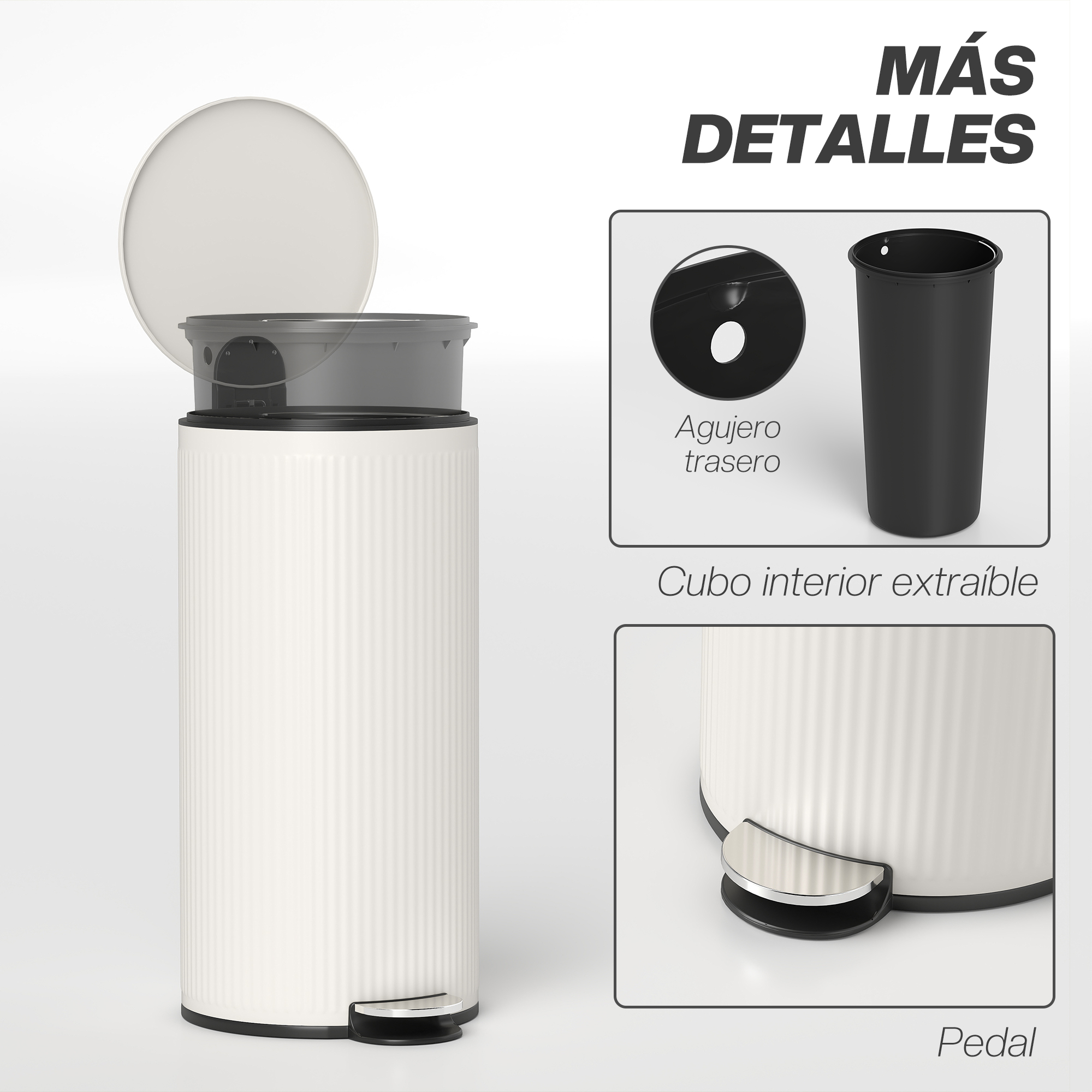 Papelera blanca con pedal y cubo interior extraíble.