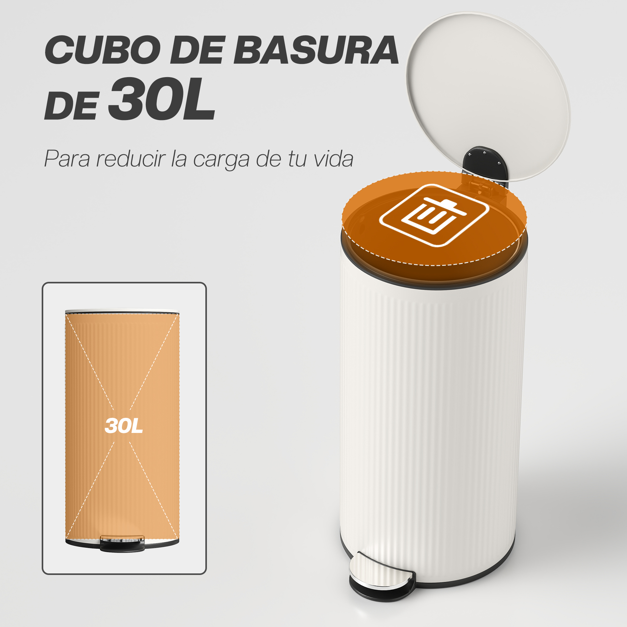 Un cubo de basura blanco de 30L con tapa abierta y pedal, con vista interior.