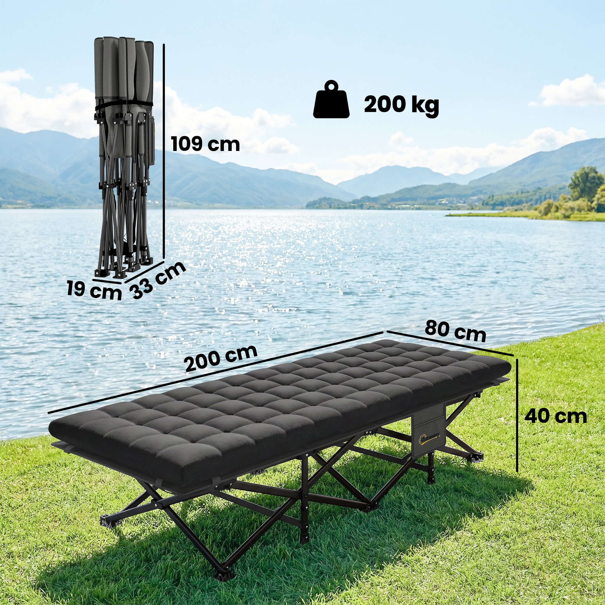 Cama plegable y desplegada con dimensiones e indicaciones de peso.