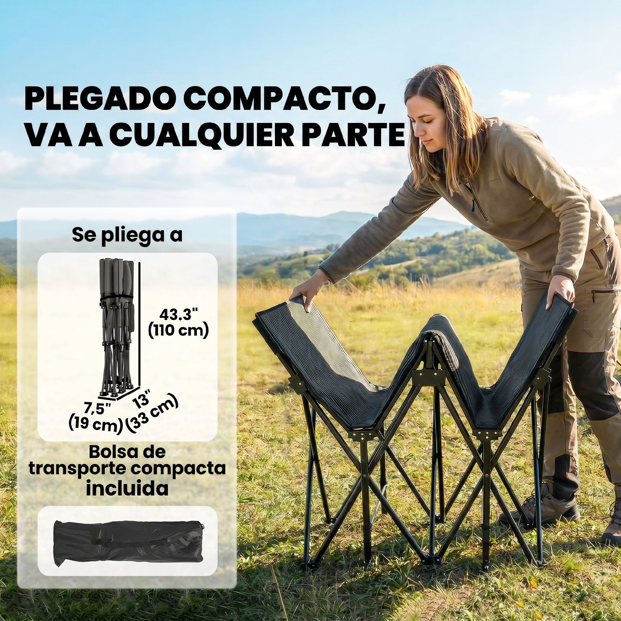 Una mujer monta una silla plegable negra con marco de metal en un campo.