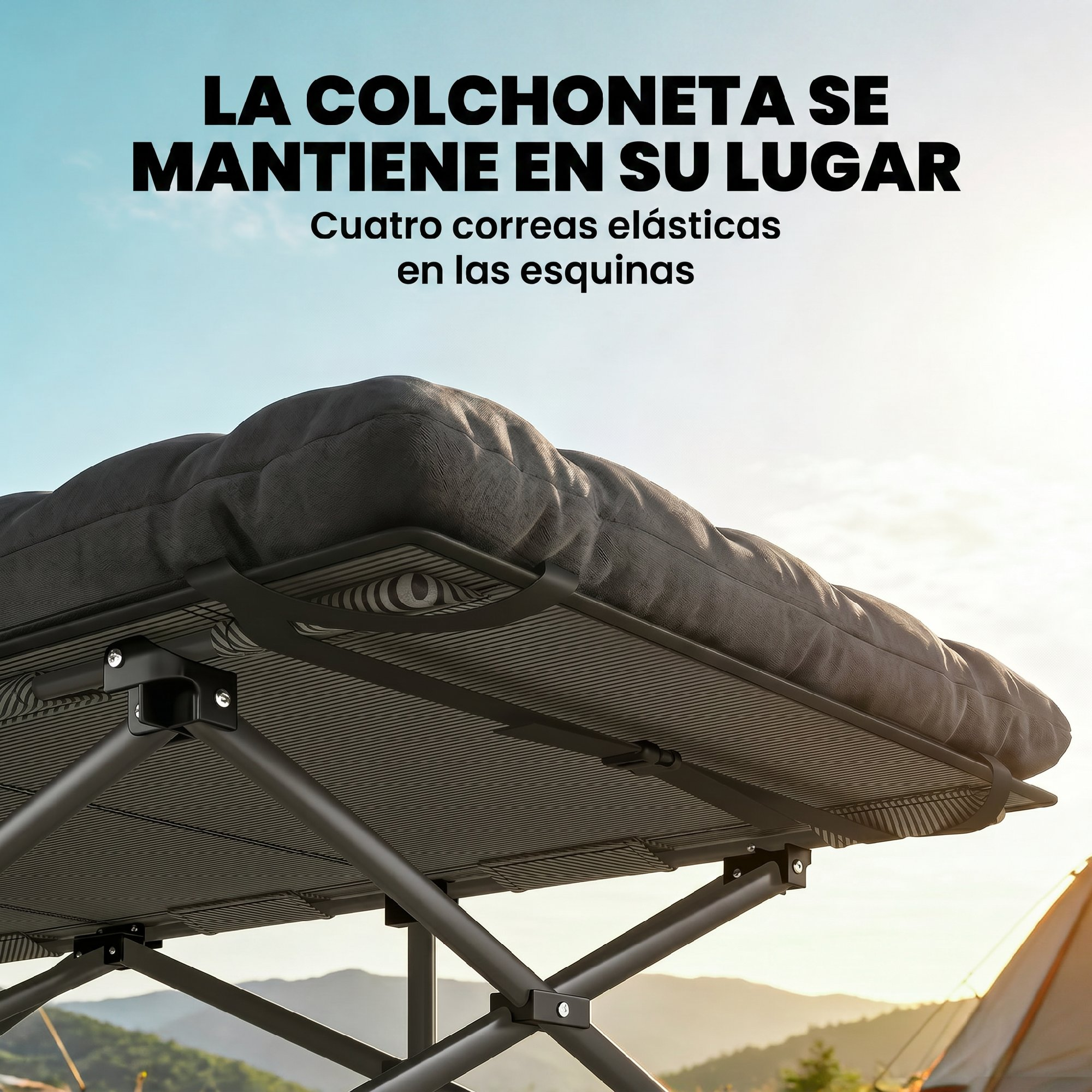 Una cama de camping oscura y acolchada con marco de metal y tela rayada.