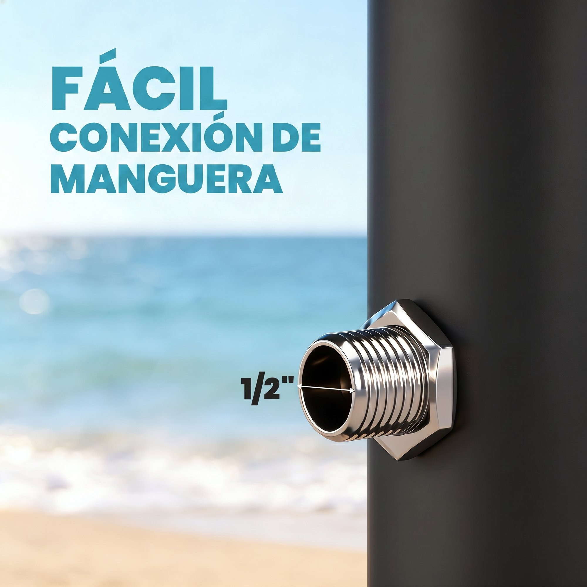 Primer plano de una conexión de manguera de 1/2 pulgada en un poste negro en la playa.