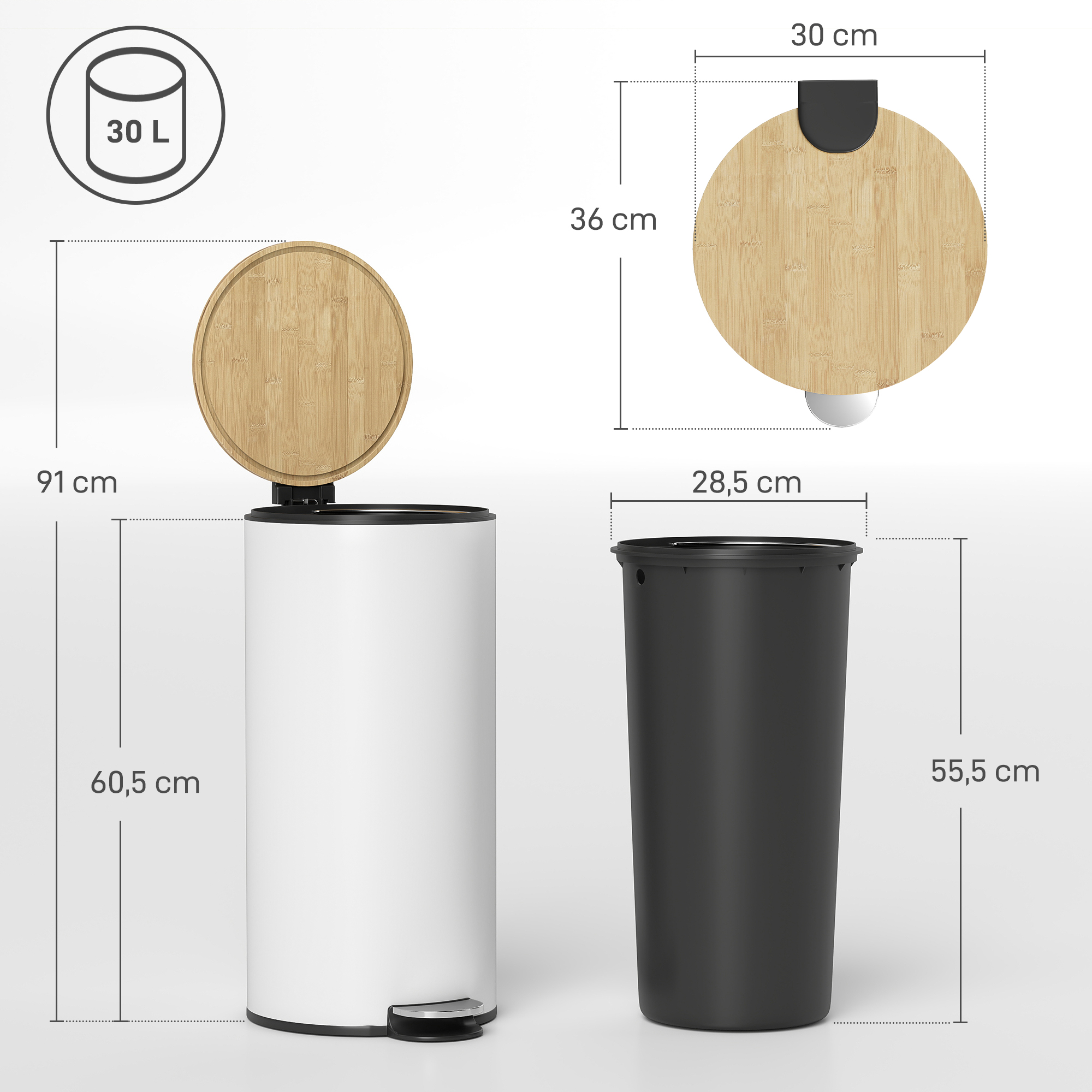 Un cubo de basura blanco de 30L con tapa de bambú abierta y un cubo interior negro al lado.