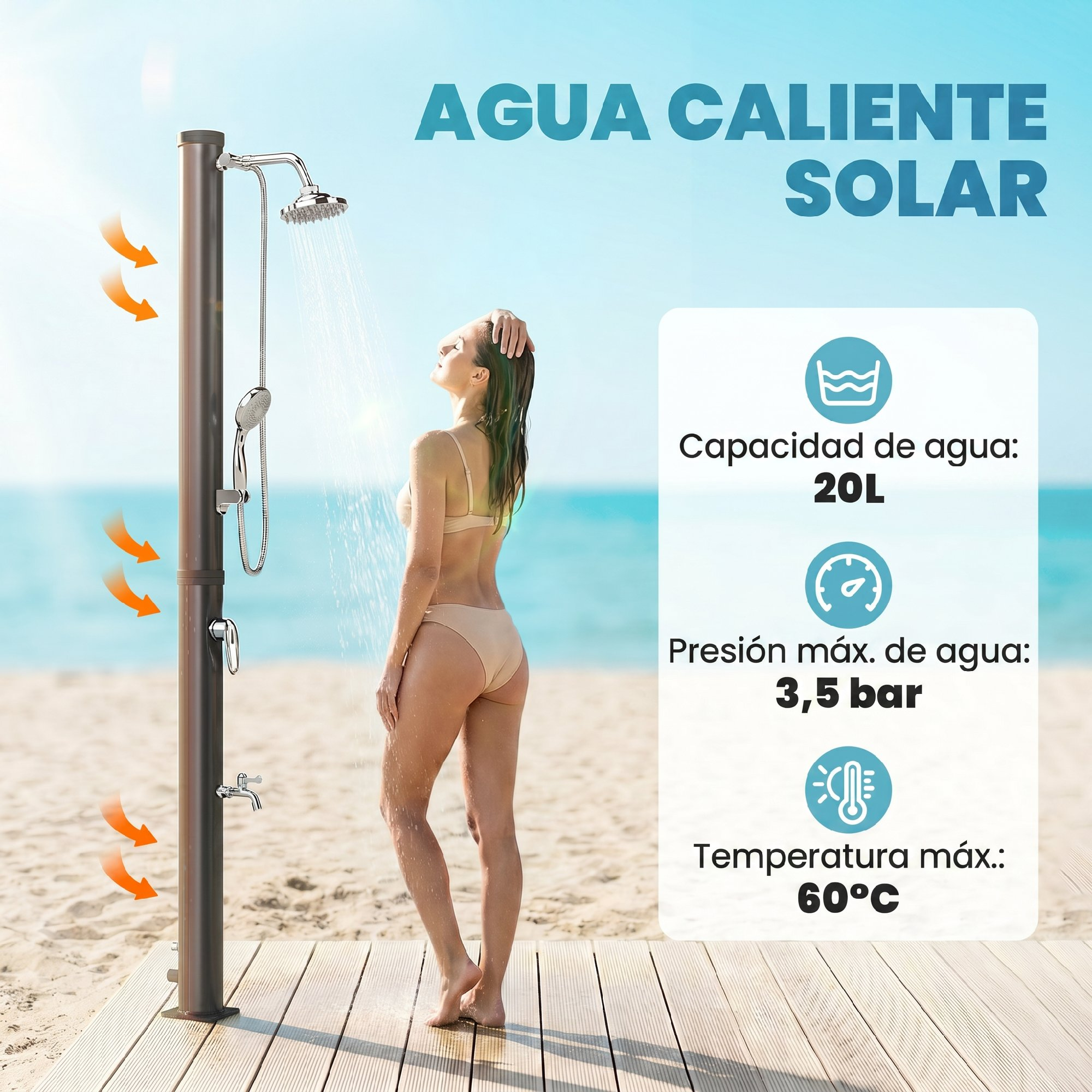 Una mujer se ducha en la playa bajo una ducha solar. Se muestran las especificaciones.