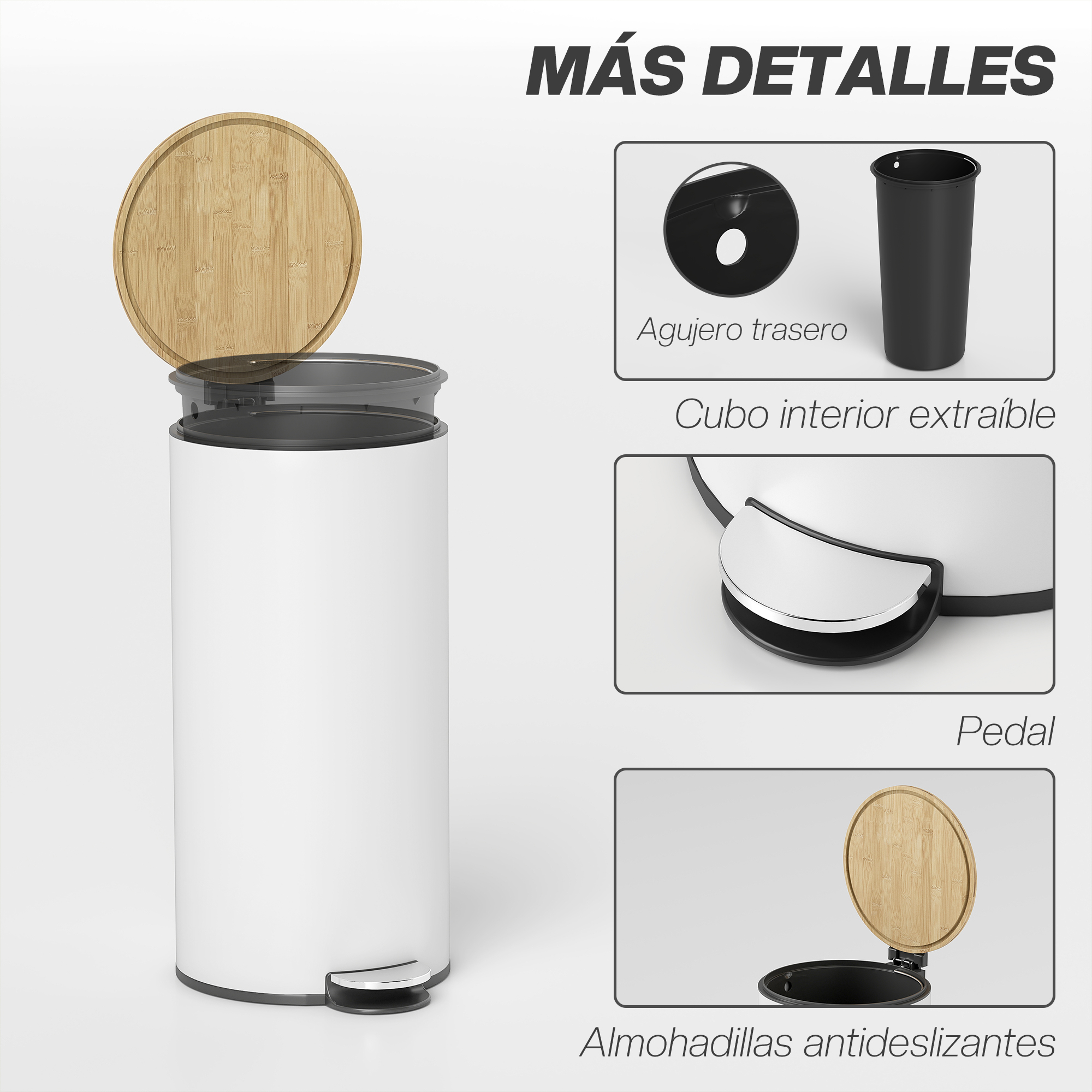 Papelera blanca con tapa de bambú abierta, mostrando detalles interiores.