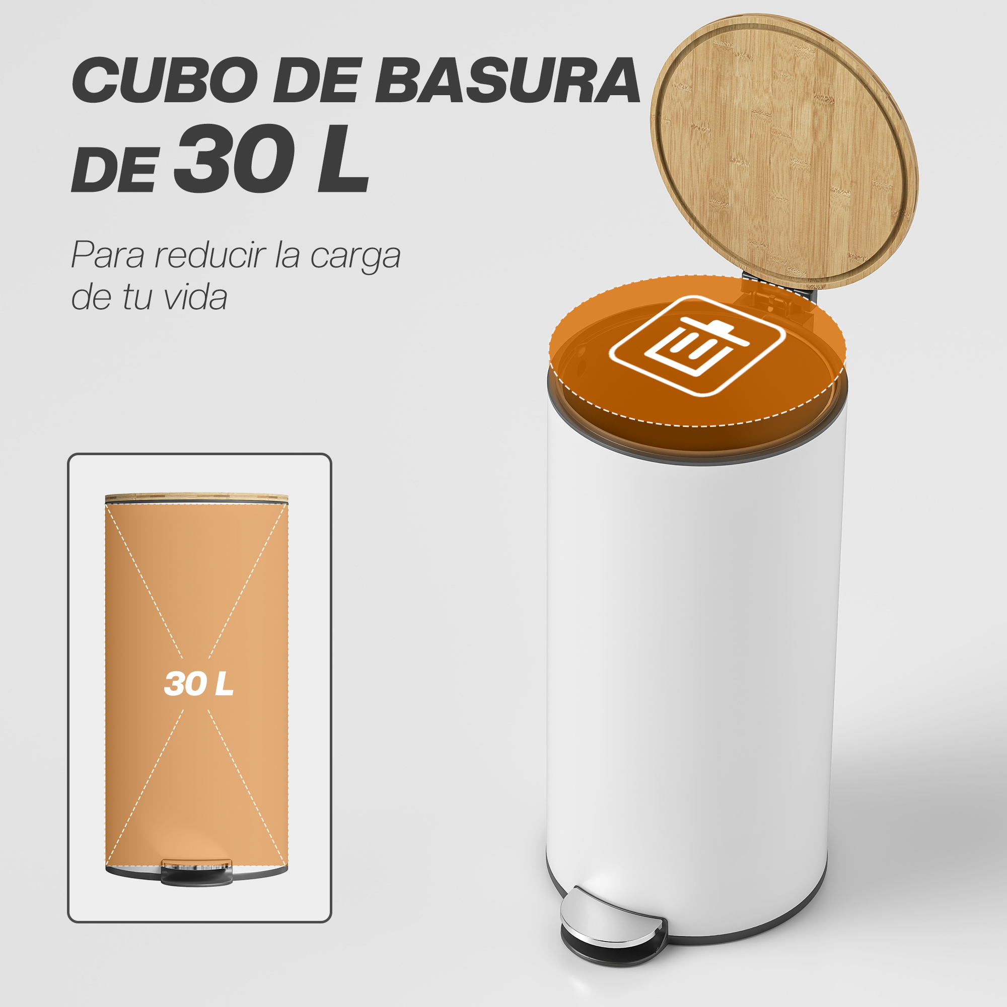 Papelera blanca de 30L con tapa de madera abierta e icono de papelera.