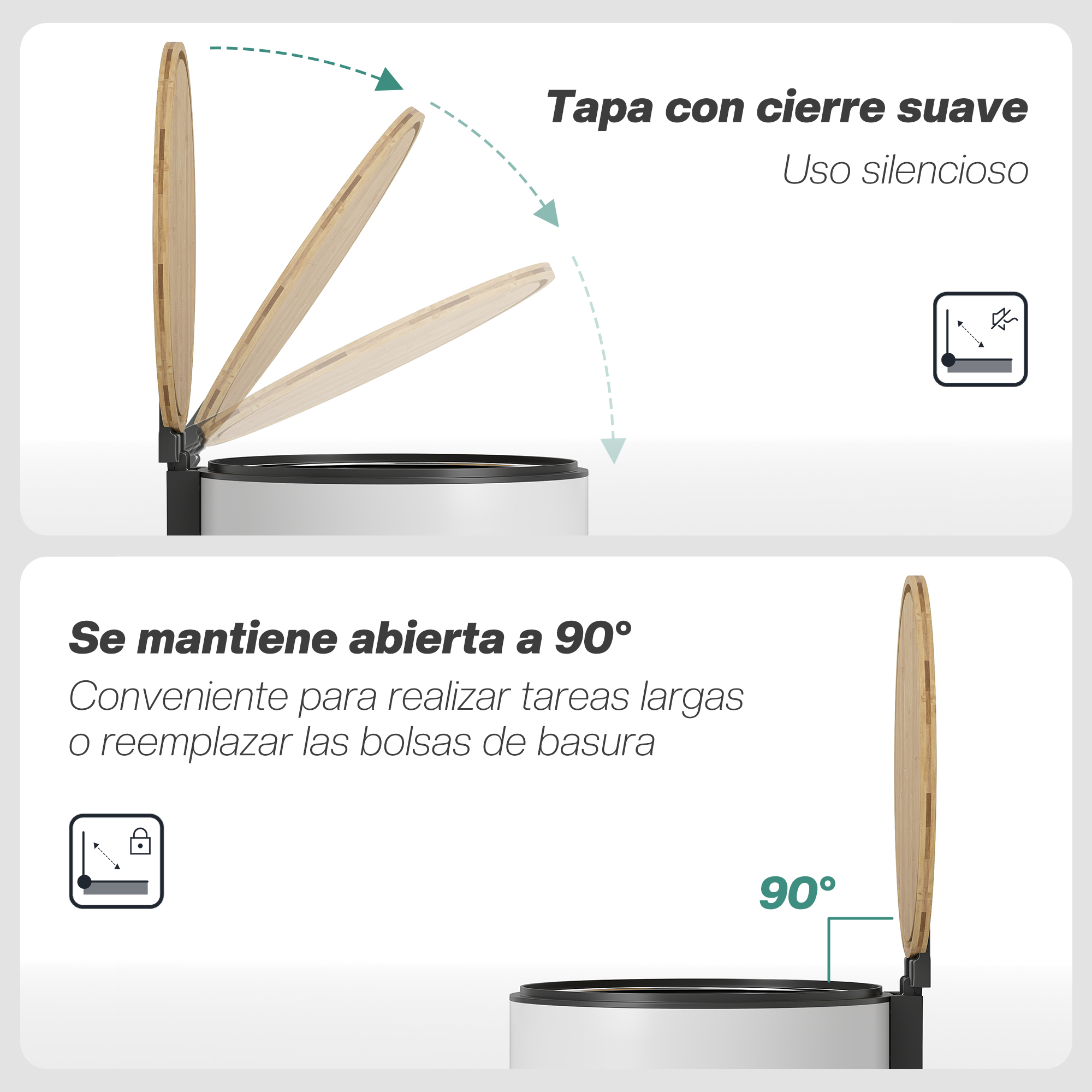 Un cubo de basura con tapa de madera que se abre suavemente y se mantiene abierta.