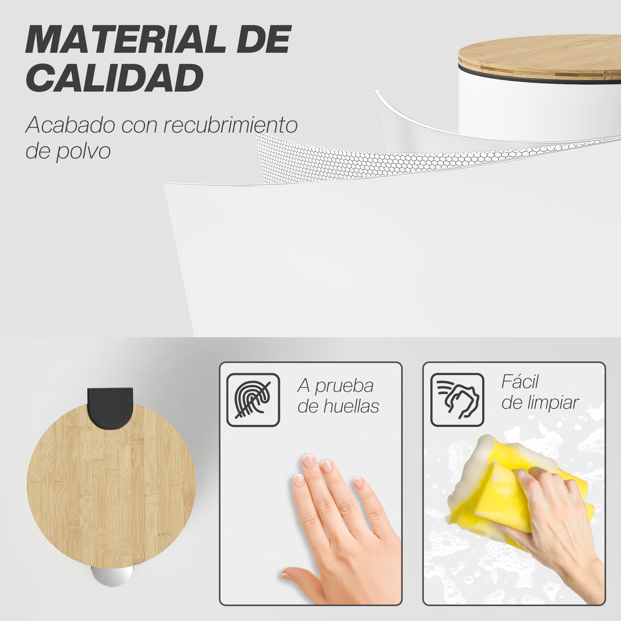 Material de alta calidad con recubrimiento en polvo. Resistente a huellas y fácil de limpiar.