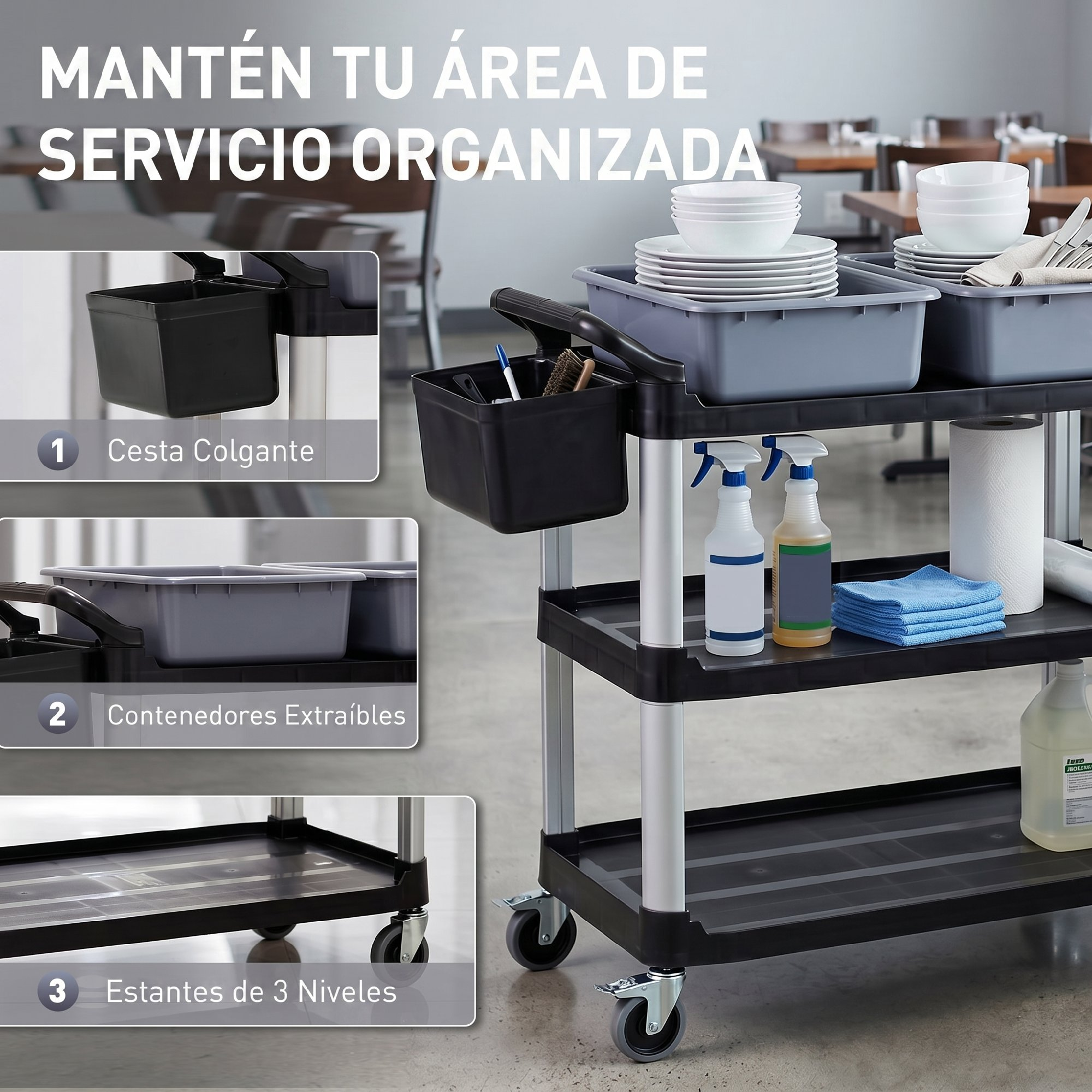 Un carrito de servicio con artículos de limpieza y platos, con superposiciones de texto.