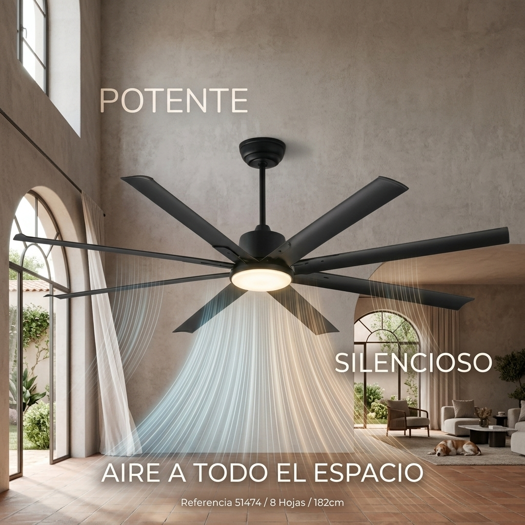 Ventilador de techo negro de 8 aspas con luz integrada, mostrando flujo de aire.